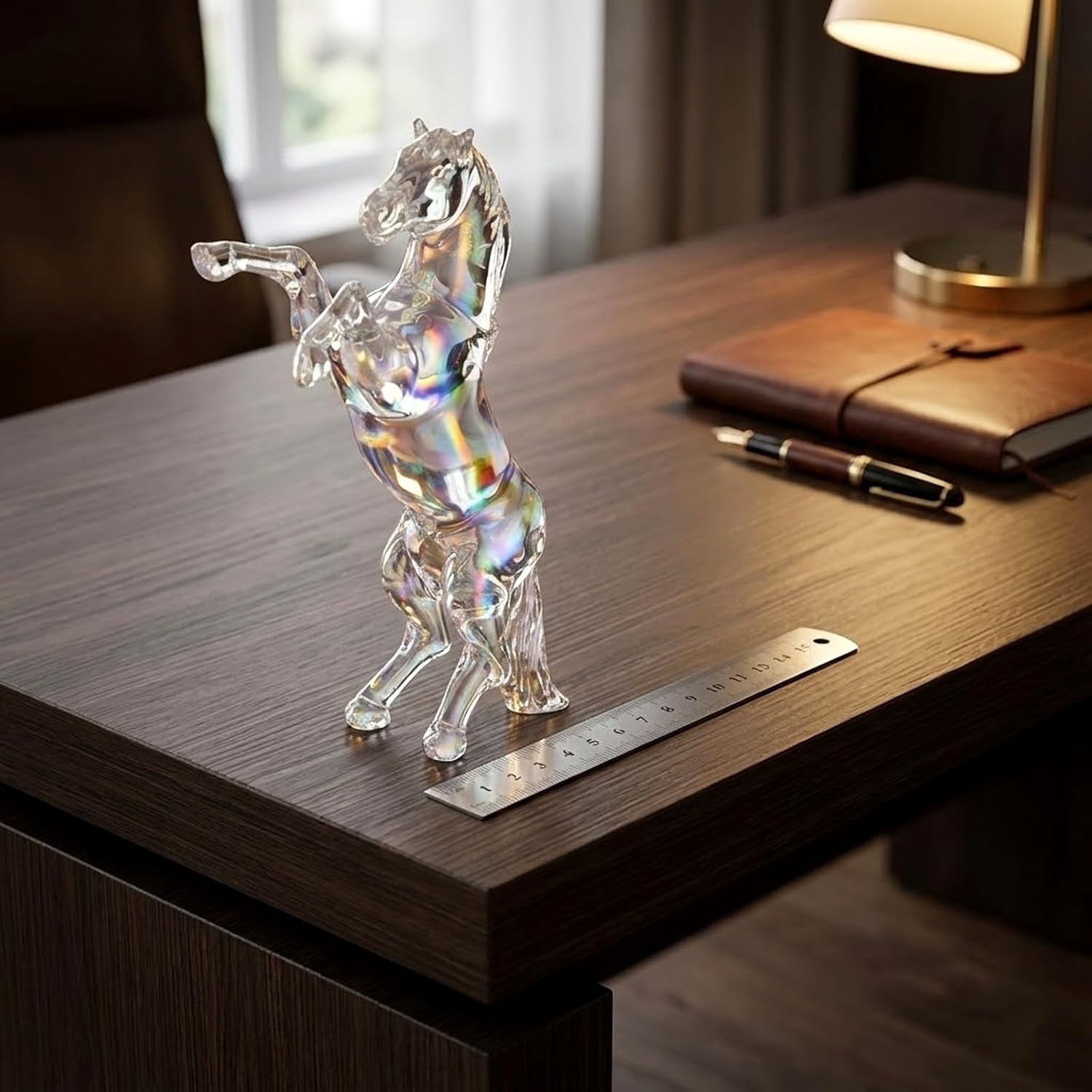 LOGOFUN Crystal Horse Figurine Standing Statue for Office Desk Decor Handcrafted Transparent Ab Color Animal Display Home Decor