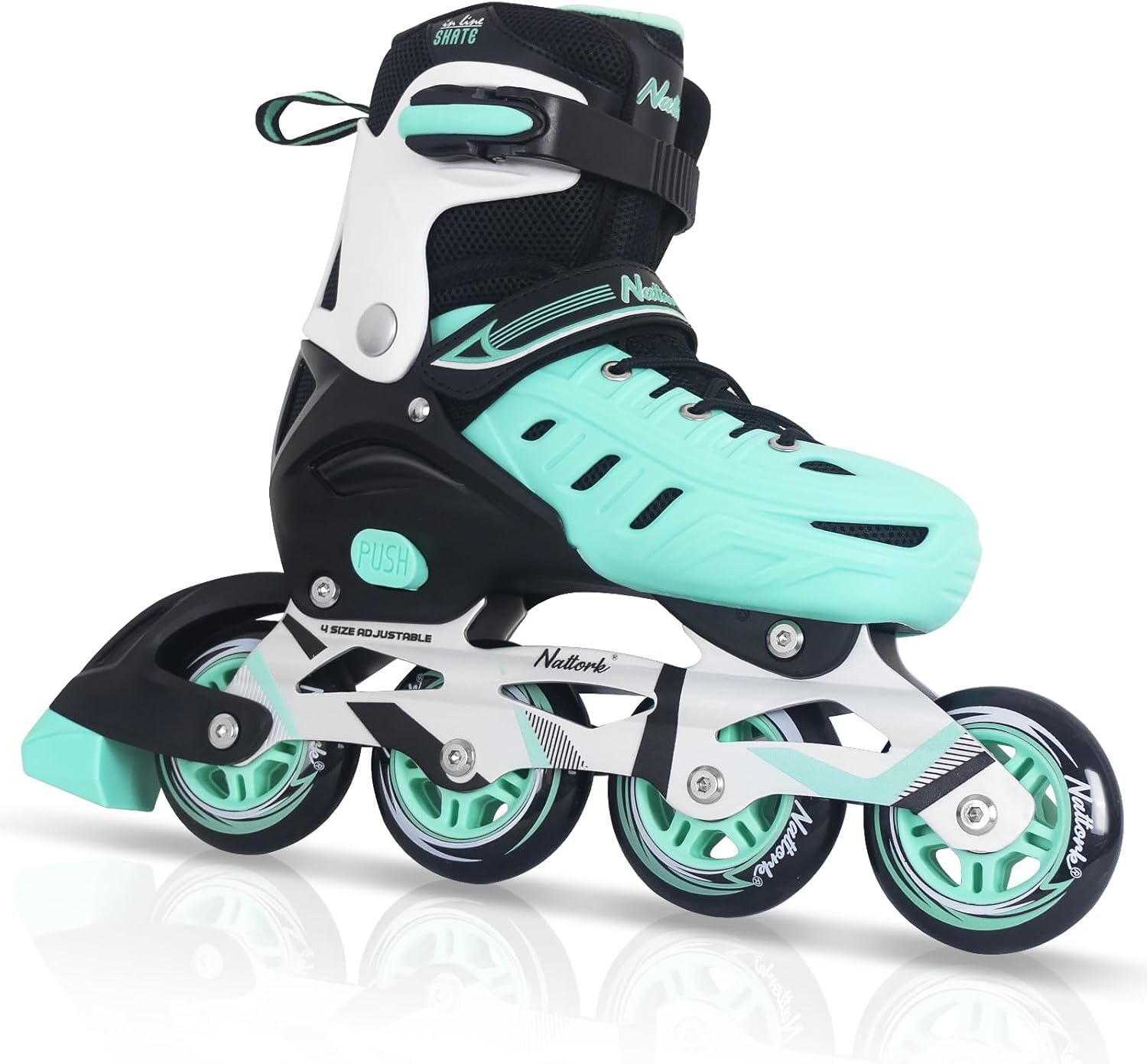Teal Inline Skates for Youth Girls Women, 4 Sizes Adjustable Blades Roller Skates with Ankle Support, Adjustable Strap, 84mm Wheels and Soft Boot Fit for Skating, Roller Derby, Street Hockey
