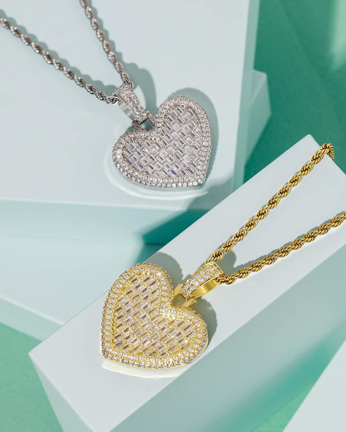 LuxeFlex Iced Out Heart Shaped Pendant with 20" Rope Chain, Gold Silver Color Cubic Zirconia Diamond-studded Heart Charm Necklace, Hip Hop 14k Real Gold-plated Heart Jewelry for Girl Woman