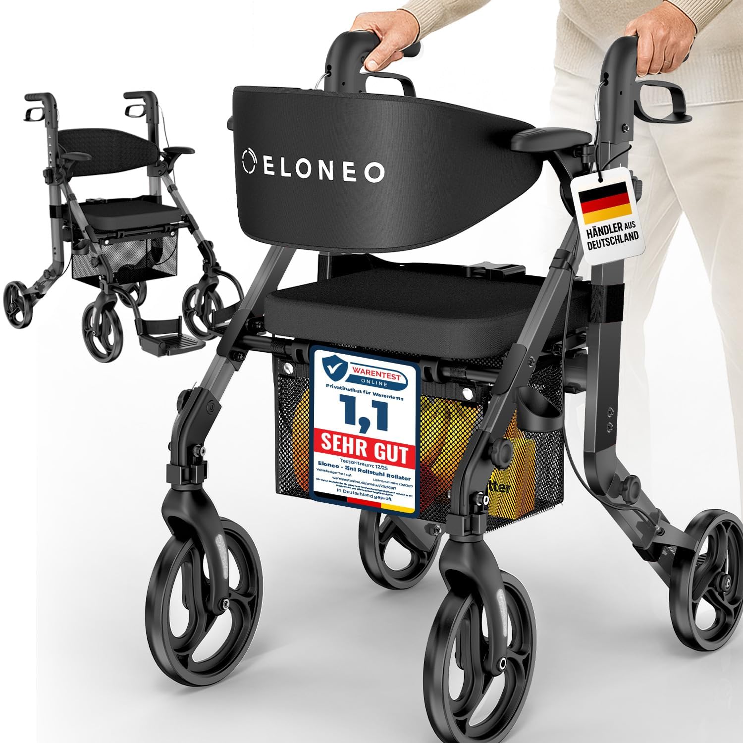 ELONEO 2 w 1 Wózek inwalidzki i balkonik rehabilitacyjny składany i lekki z siedziskiem, terenowy rollator wózek inwalidzki składany lekki na każdy teren, wózek transportowy, szary