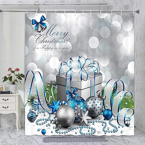 Miniatura 9 de DYNH Cortina de ducha navideña, feliz Navidad, bola y caja de Navidad plateada y azul para cortinas de baño de Año Nuevo, cortina de ducha de tela,