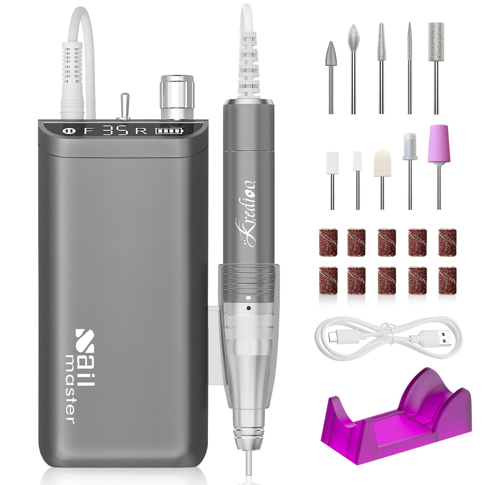 Kredioo Torno para Uñas Profesional 35000RPM, Pórtatil＆Recargable, 10 Brocas Lima Eléctrica, Manicura y Pedicura, Pulidor Set, Taladro de Clavo Eléctrico Limado, Kit Set Fresa, LCD con Batería, Gris