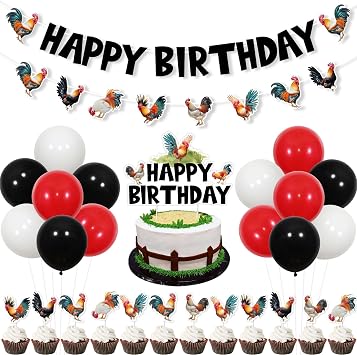Rooster Birthday Party Decorations, Rooster Happy Birthday Banner Garland with Cake Topper Cupcake Toppers and Balloons, Chicken Farm Backyard Party Supplies