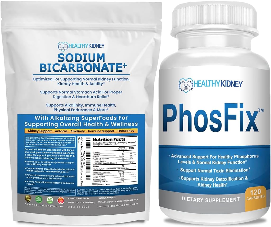 Organic Sodium Bicarbonate Alkaline Supplement Bundle: 1LB Powder for Alkalinity, Kidney & Acid Support + PhosFix 120 Pills Phosphorus Binder for Healthy Phosphorus Levels & Kidney Health Renal Suppor