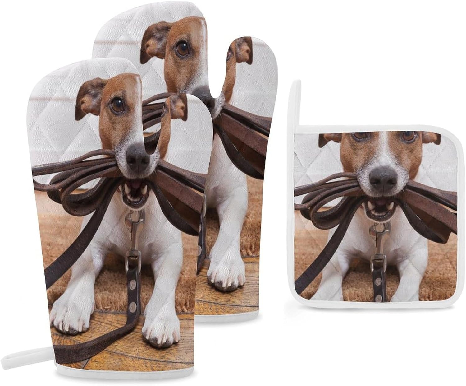 Cute Jack Russell Terrier Dogs Print Oven Mitts and Pot Holders 3 Piece Sets Heat Resistant Gloves Hot Pads Potholders for Kitchen Baking Cooking