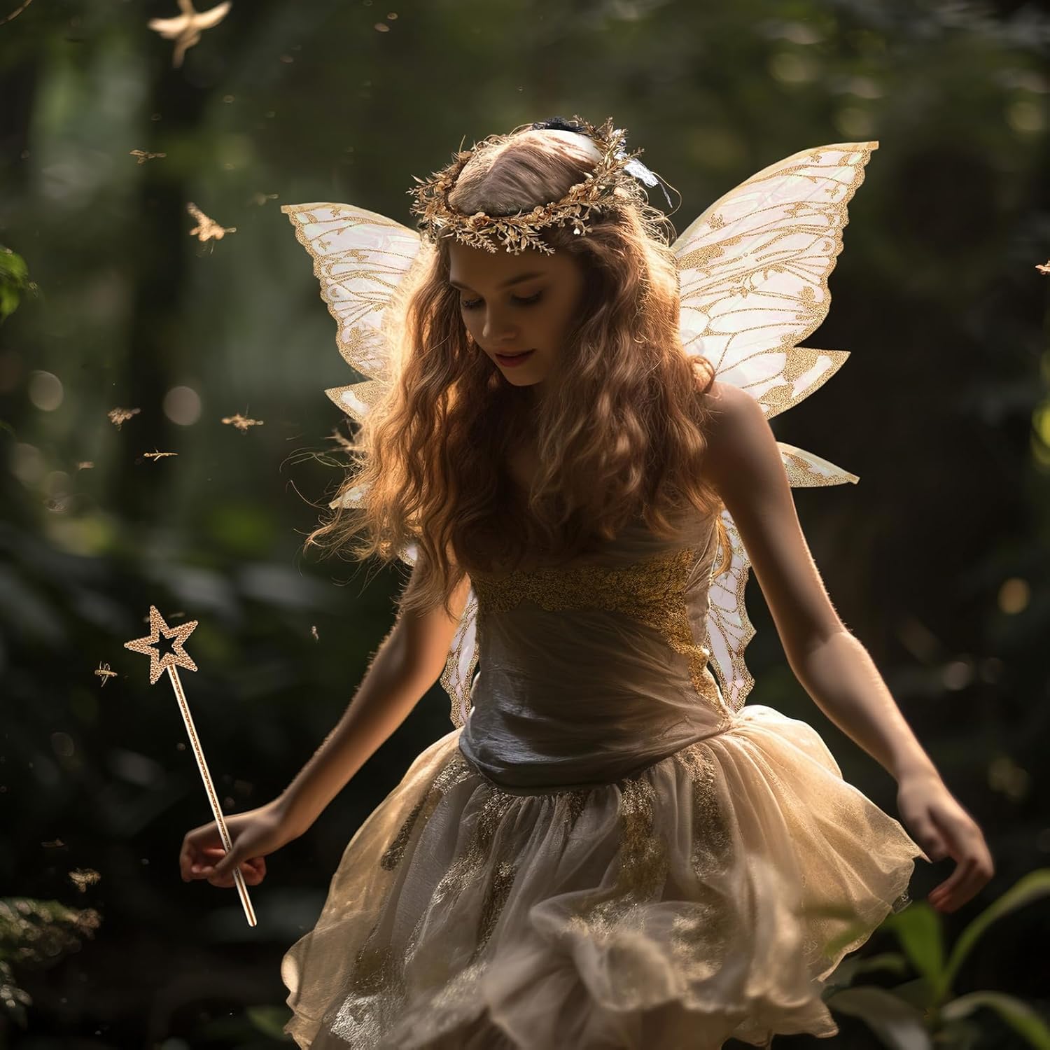 Sratte 4 Pcs Large Fairy Wings, 31.5 x 29 Inch Butterfly Wing with Elf Ears Floral Crown Star Wand for Adults Halloween Party