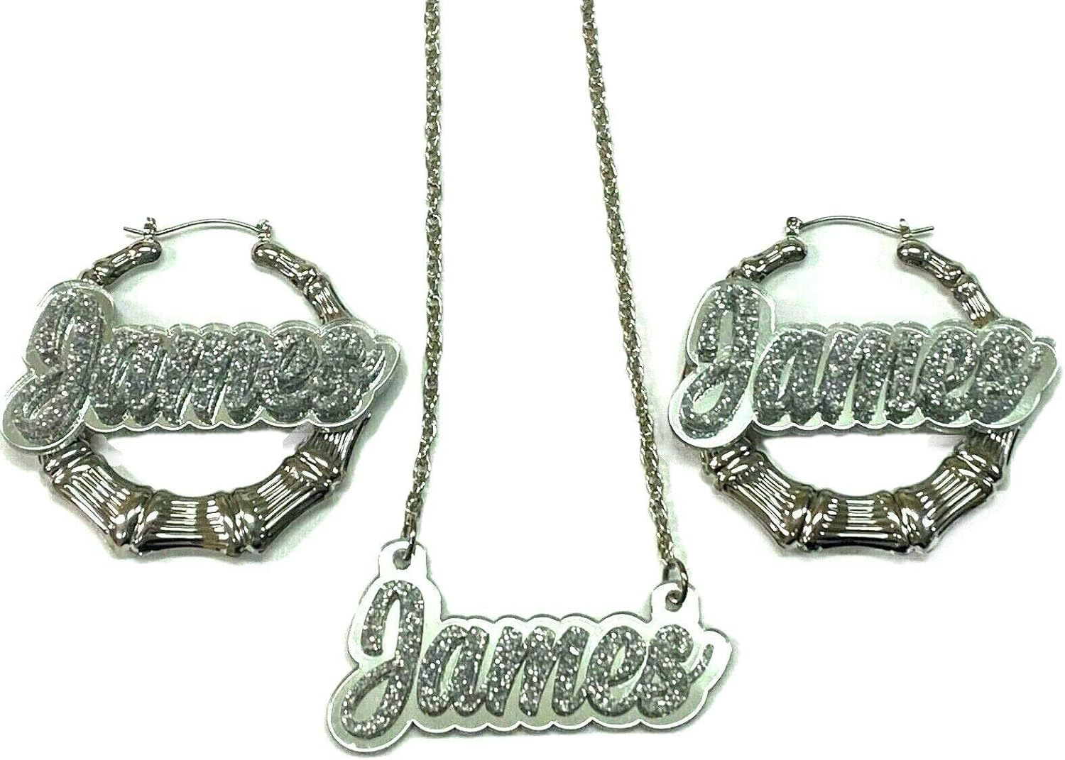 MIRROR MANIA Personalized Matching Necklace With Silver Chain and 2.5" Bamboo Earrings Set Name Plate Custom Nameplate Laser Cut Script Letters Made To Order Any Name - Dazzling and Stunning!