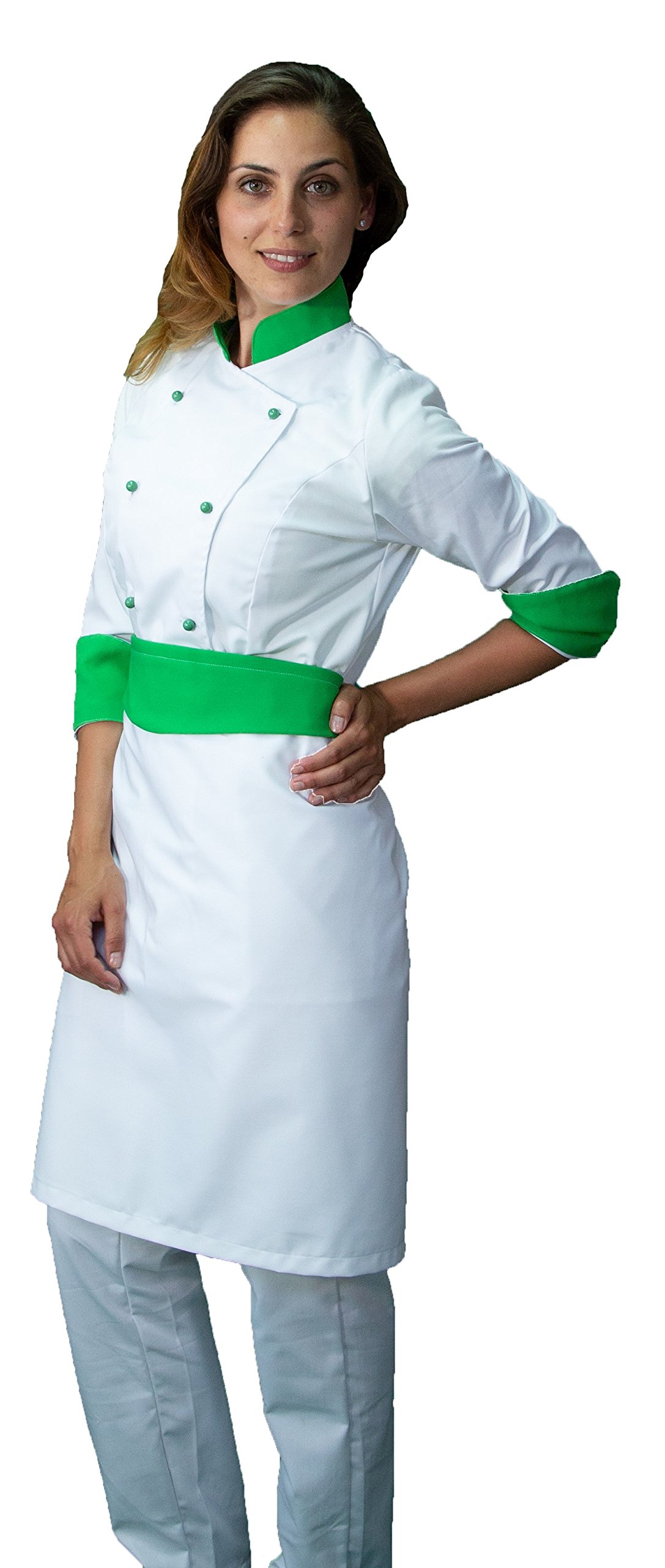 Ricamo Gratuito - Completo Cuoco da Cucina - Bianco e Verde - Divisa Chef Donna - Pantalone, Giacca e Grembiule - Made in Italy