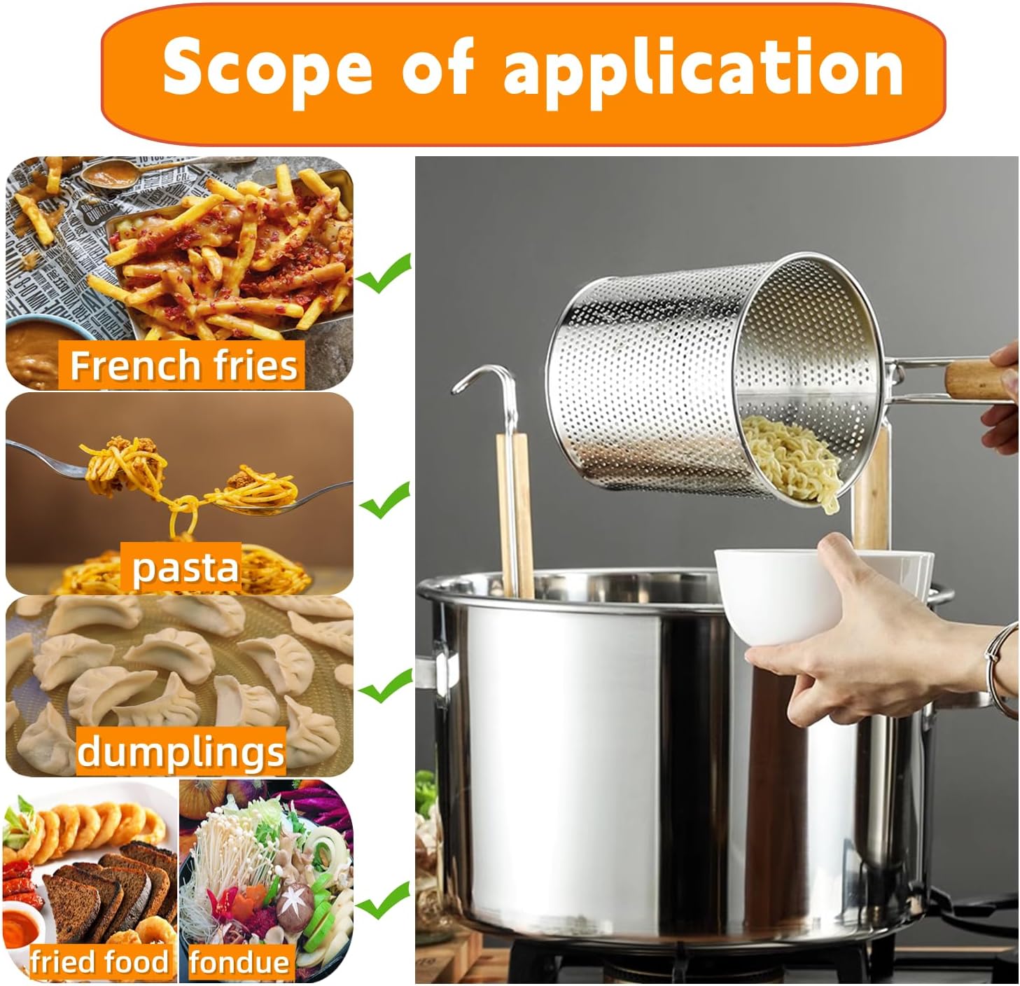 2 Pieces Pasta Strainer, Stainless Steel Mesh Spider Strainer, Basket Fine Mesh Spider Basket with Wooden Handle Good For Boiling Food Spaghetti Dumpling