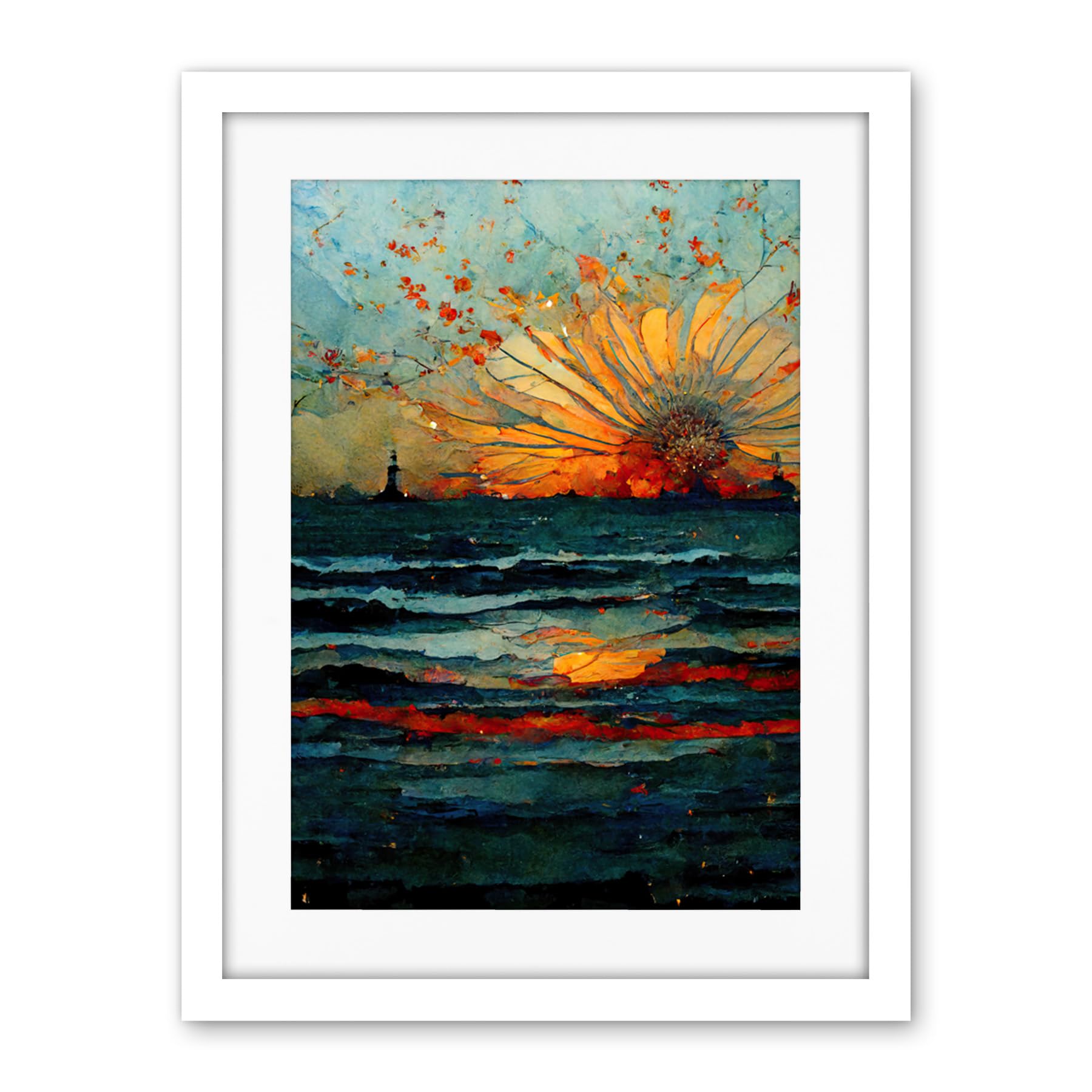 Artery8 Seascape Sunset Port City Waves Horizon Artwork Framed Wall Art Print 18X24 Inch