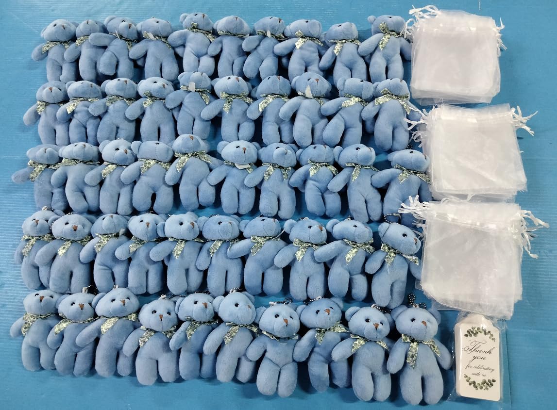 Wettarn 50 Sets Small Tiny Plush Bear Bulk 4.72 Inch Mini Stuffed Animals Small Bear Party Favors with Thank You Tags and Mesh Bags for DIY Keychain Birthday(Blue)