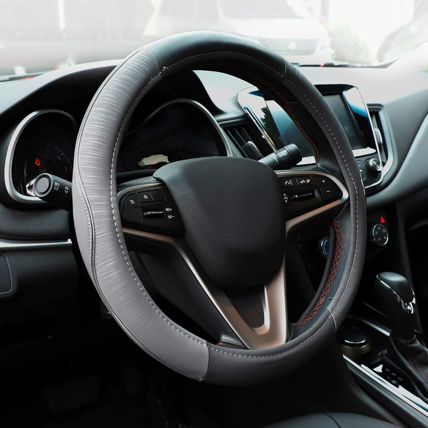 HOUSE DAY Leather Car Steering Wheel Cover TPR Odorless, Heat Resistant, Anti-Slip, Warm in Winter and Cool in Summer, Universal 14.5 to 15 Inch - Black and Grey