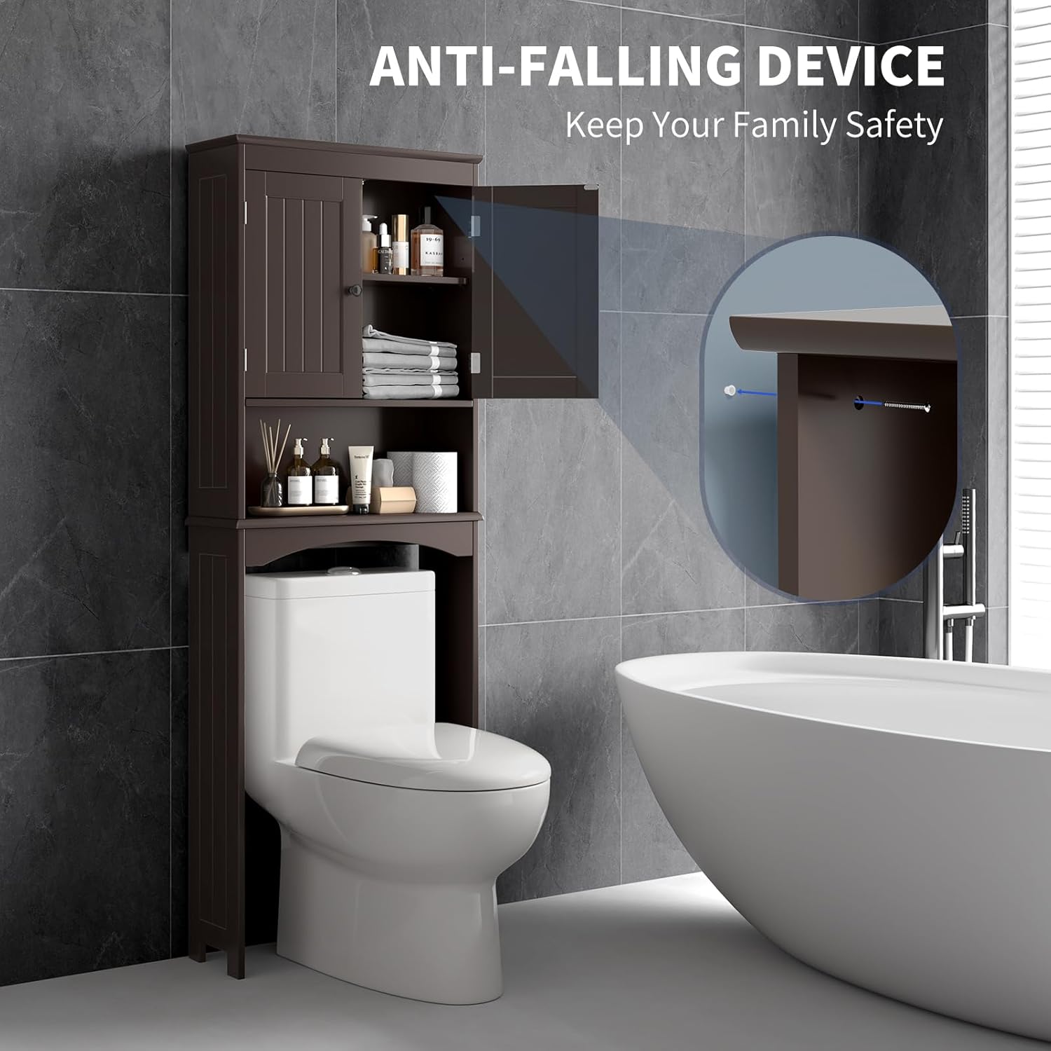 Bealife Over The Toilet Storage Cabinet with Open Shelf, Over Toilet Bathroom Organizer with Adjustable Shelf and Double Doors, Over The Toilet Storage Shelf Free Standing for Bathroom - Espresso