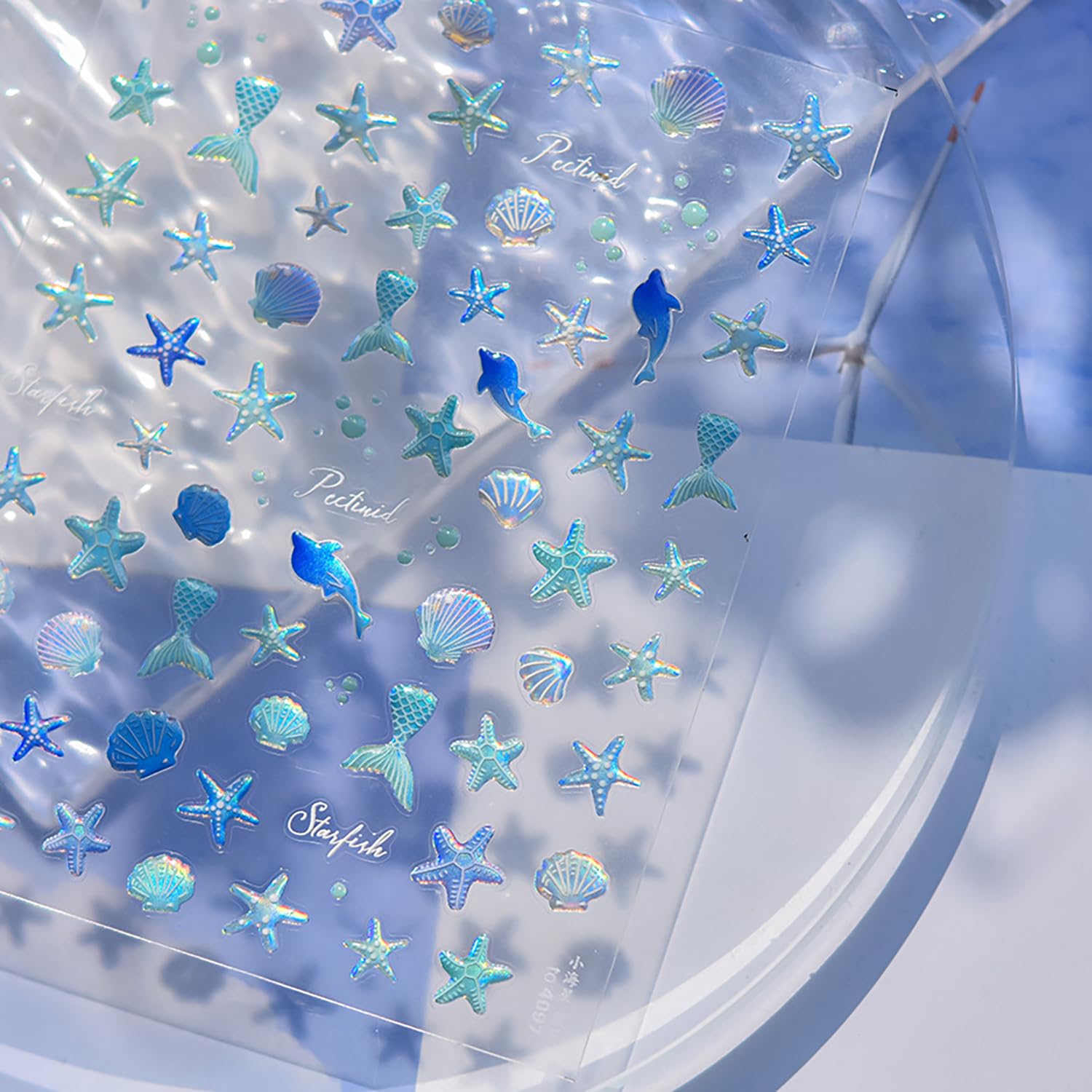 1 Sheets 5D Embossed Summer Nail Stickers for Nail Art Self-Adhesive Starfish Nail Art Stickers Shell Dolphin Mermaid Tail Nail Decals Ocean Theme