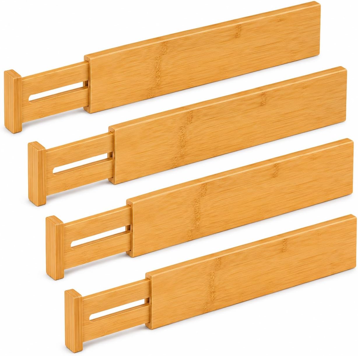 Bamboo Drawer Dividers 4 Pack, Adjustable Spring Loaded Drawer Organizer, Expandable Bamboo Drawer Separators for Kitchen, Dresser, Bedroom, Office, 17.8"–20.6"
