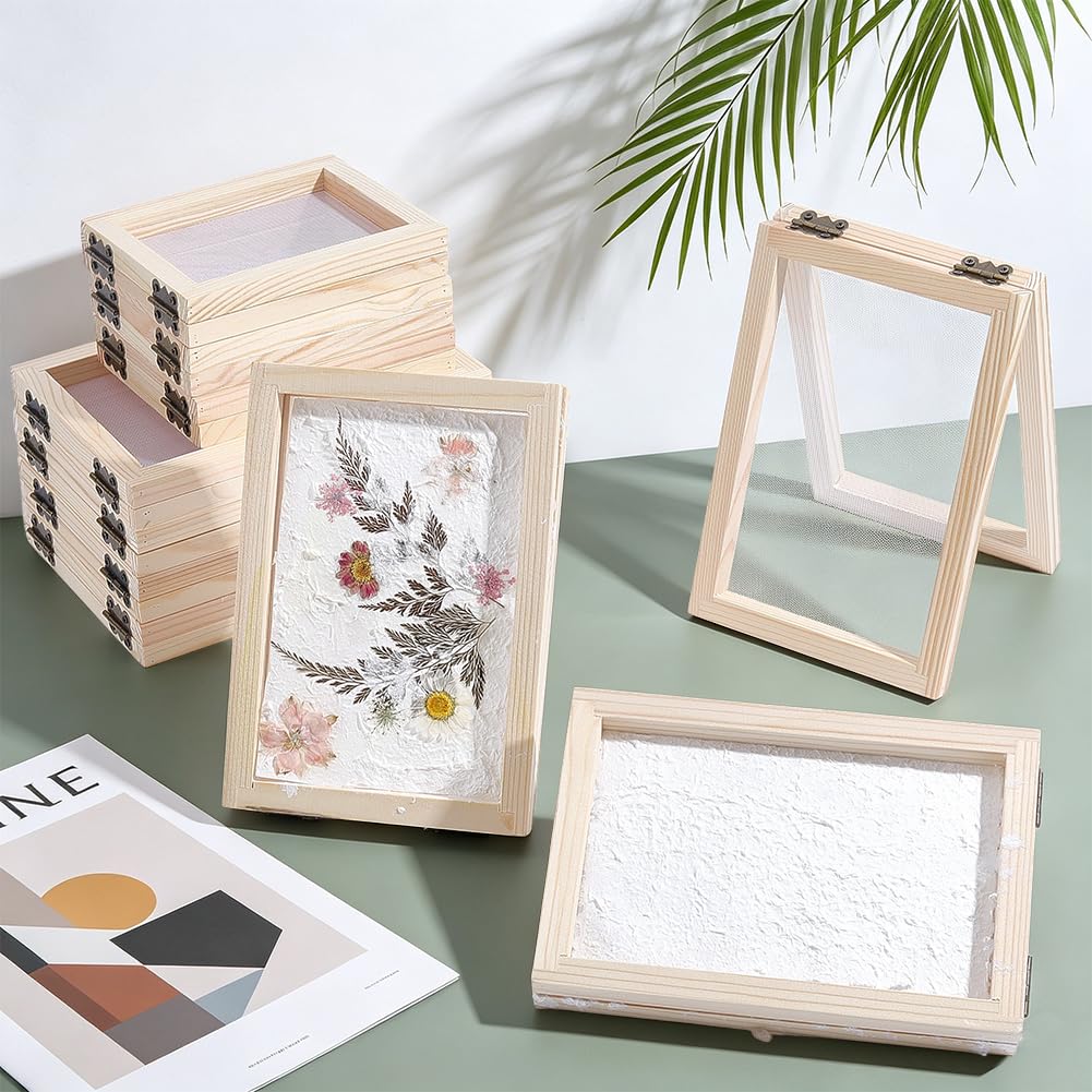 nbeads 14 Stück 2 Stile Papierherstellungsrahmen-Set, Holz-Papiermacherei-Schablonen Mit Netz Und Schwamm Für DIY-Papierbasteln, Innendurchmesser: 107x77mm/152x102mm