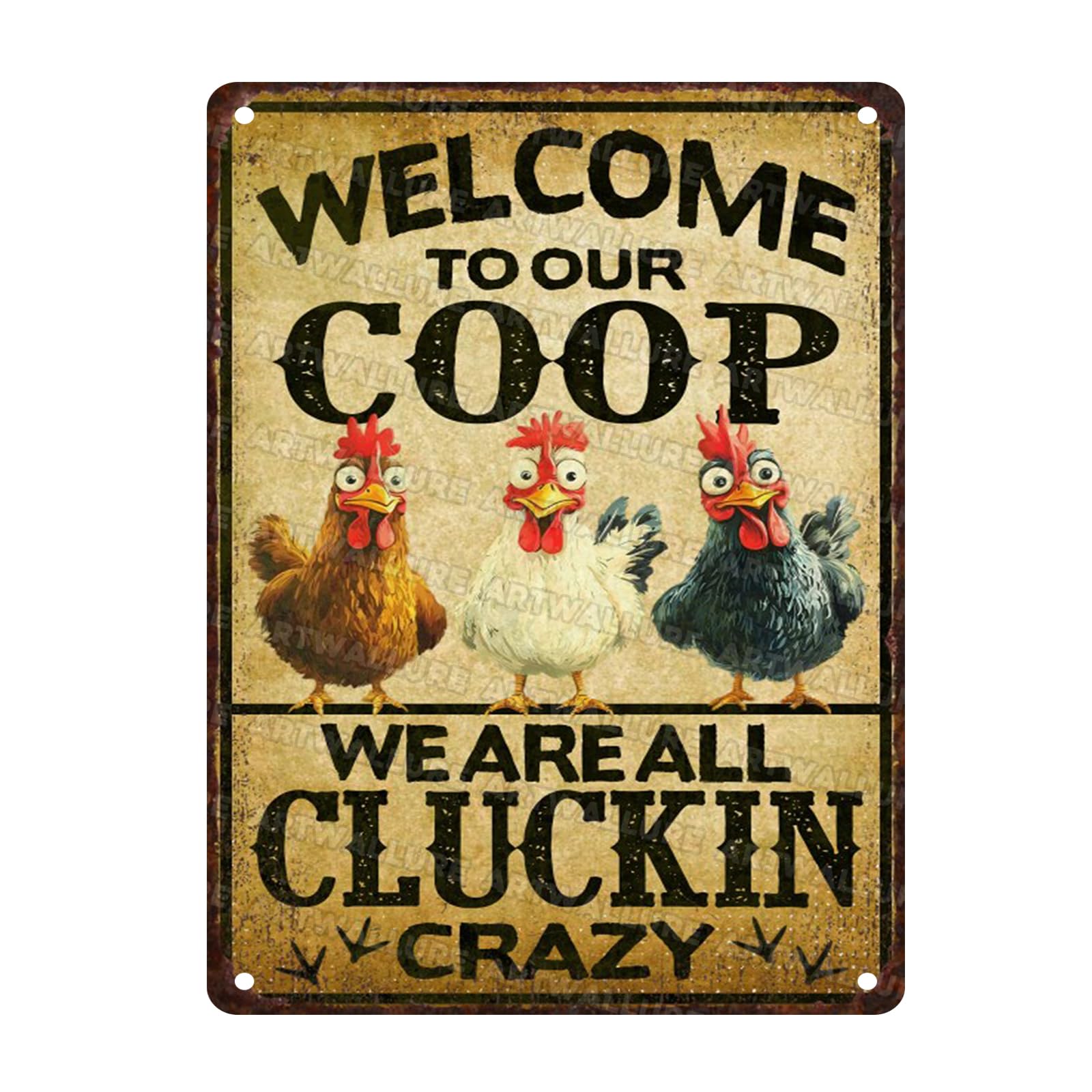 Funny Chicken Vintage Tin Sign Welcome to Our Coop We are All Cluckin Crazy Metal Tin Sign for Chicken Wall Farmhouse Farm Home Coop Decor 12x16inch