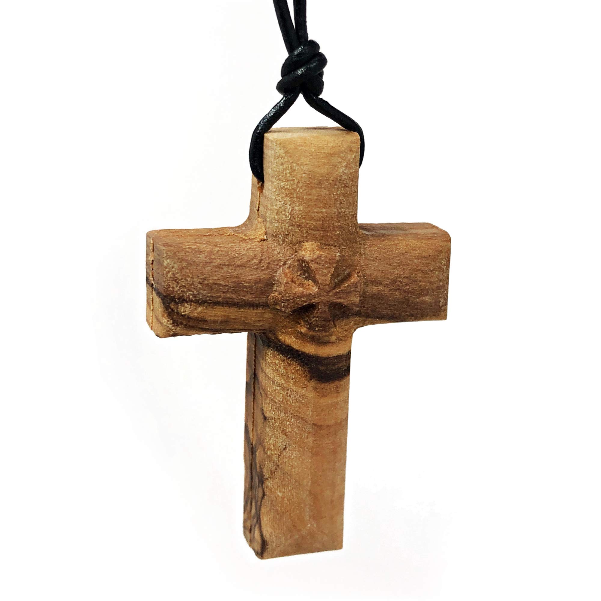 MIZZE Made for Luck Colgante de cruz maltesa de madera maciza de olivo en collar de cuero ajustable de 81 cm para hombres y mujeres, cordón de cuero marrón o negro, regalo espiritual cristiano, Madera