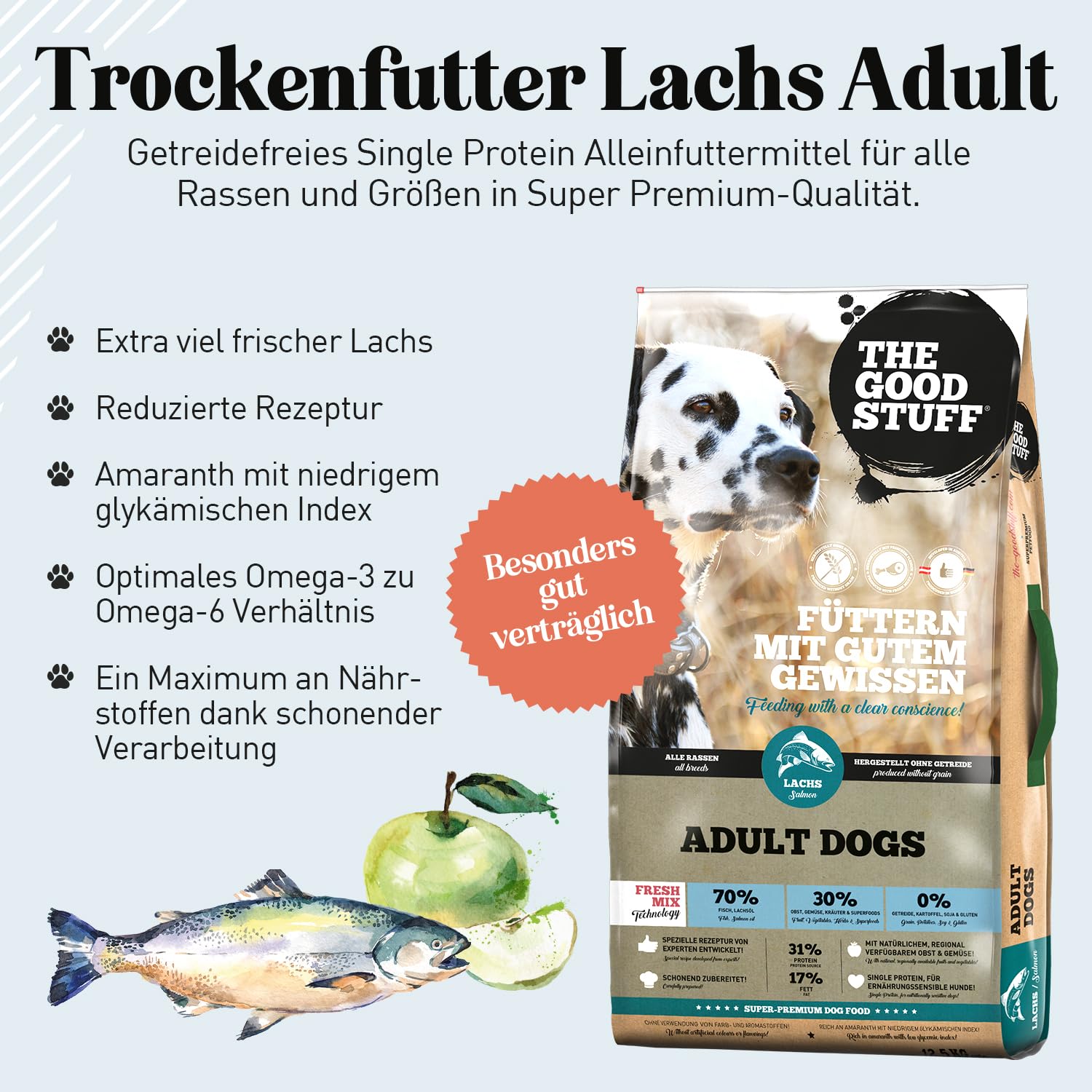 The GOODSTUFF Lachs (Adult) 12,5 kg | Hochwertiges Hundetrockenfutter getreidefrei | Mit frischem Lachs | Hundefutter trocken für ausgewachsene Hunde | Super-Premium Trockenfutter für Hunde
