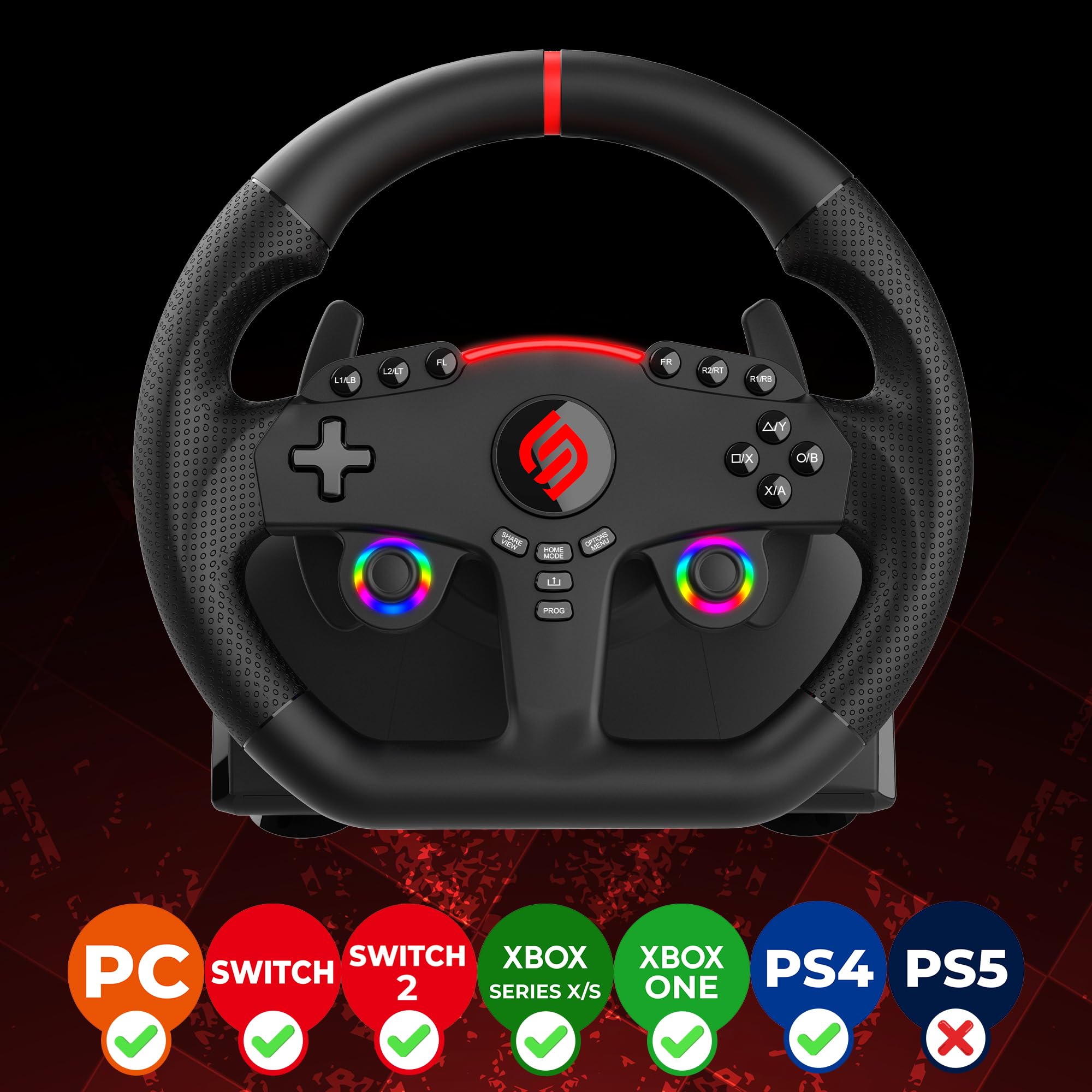 Subsonic - Volant Superdrive 270 GT pour Switch 2/Switch, PS4, PC et Xbox | Volant de Course Double Joysticks pour GTA 6 - LED - Vibrations - Diamètre 27 cm, Rotation 270° - Livré avec Pédales