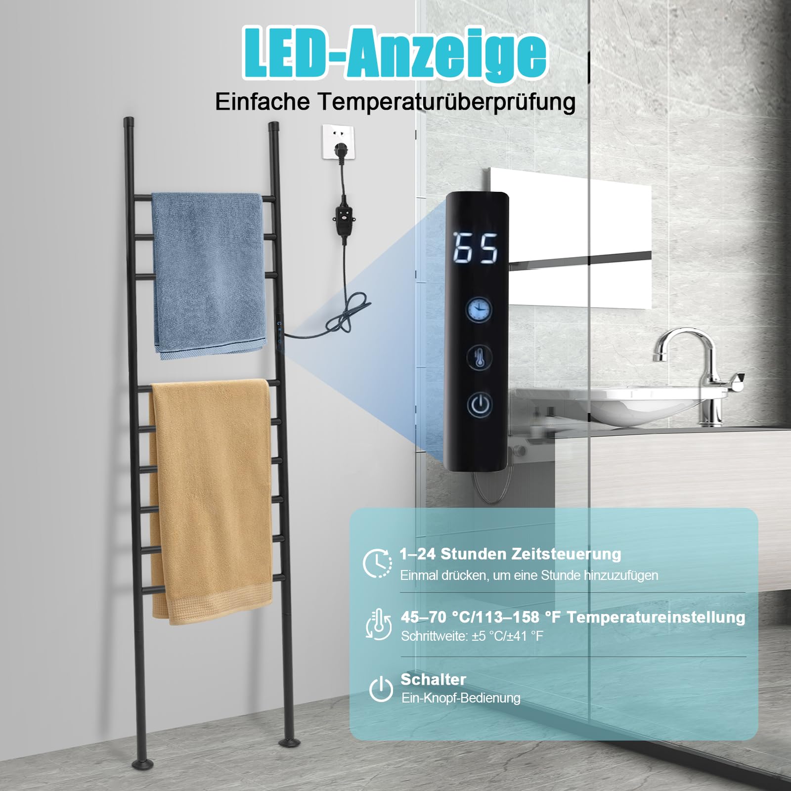 Portasciugamani elettrico da bagno, 150 W, scalda asciugamani, 45 – 70 °C, autoportante, 9 aste, 42,5 x 160 cm (nero)
