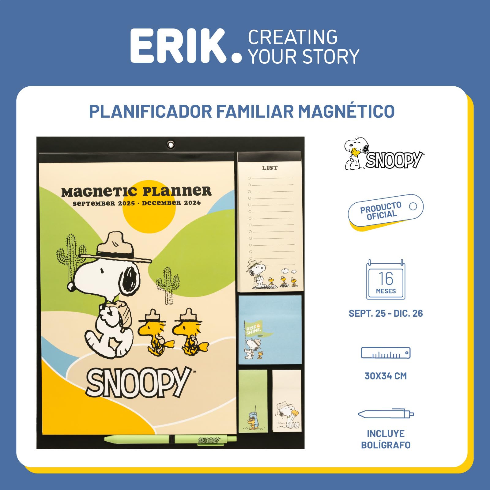 Calendario Magnetico Nevera 2026 Snoopy - Calendario Familiar 2026 pared : Planificador mensual con Iman | Incluye Pegatinas, Notas Adhesivas y Cuelga Fácil [16 MESES]