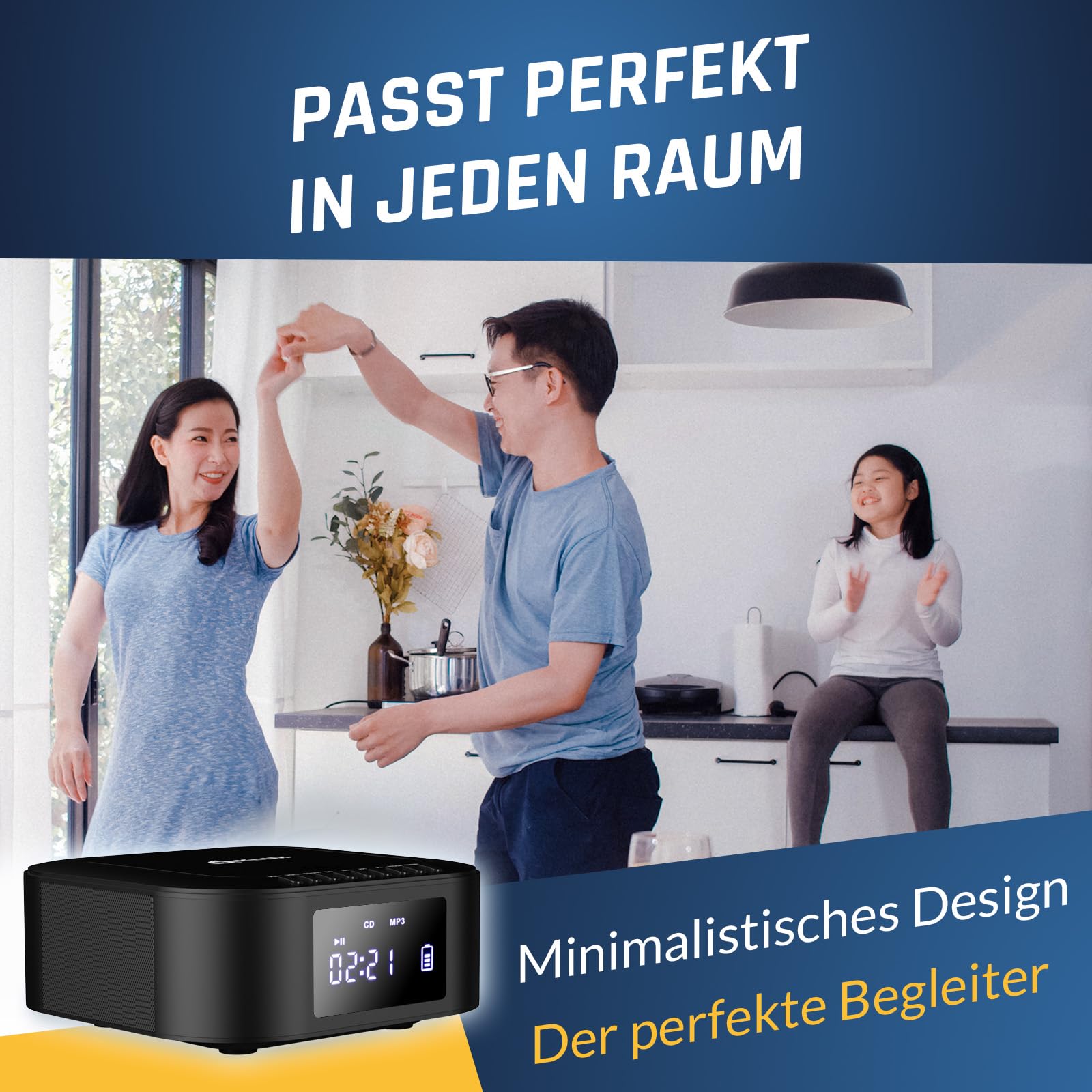 KLIM Boombox E1 Radio mit CD Player - CD-Hülle - BASS Boost mit Tieftöner - FM Radio, MP3, Bluetooth, AUX, USB - CD-R Player tragbar mit kabellosem Modus und aufladbaren Akku - Mit Fernbedienung