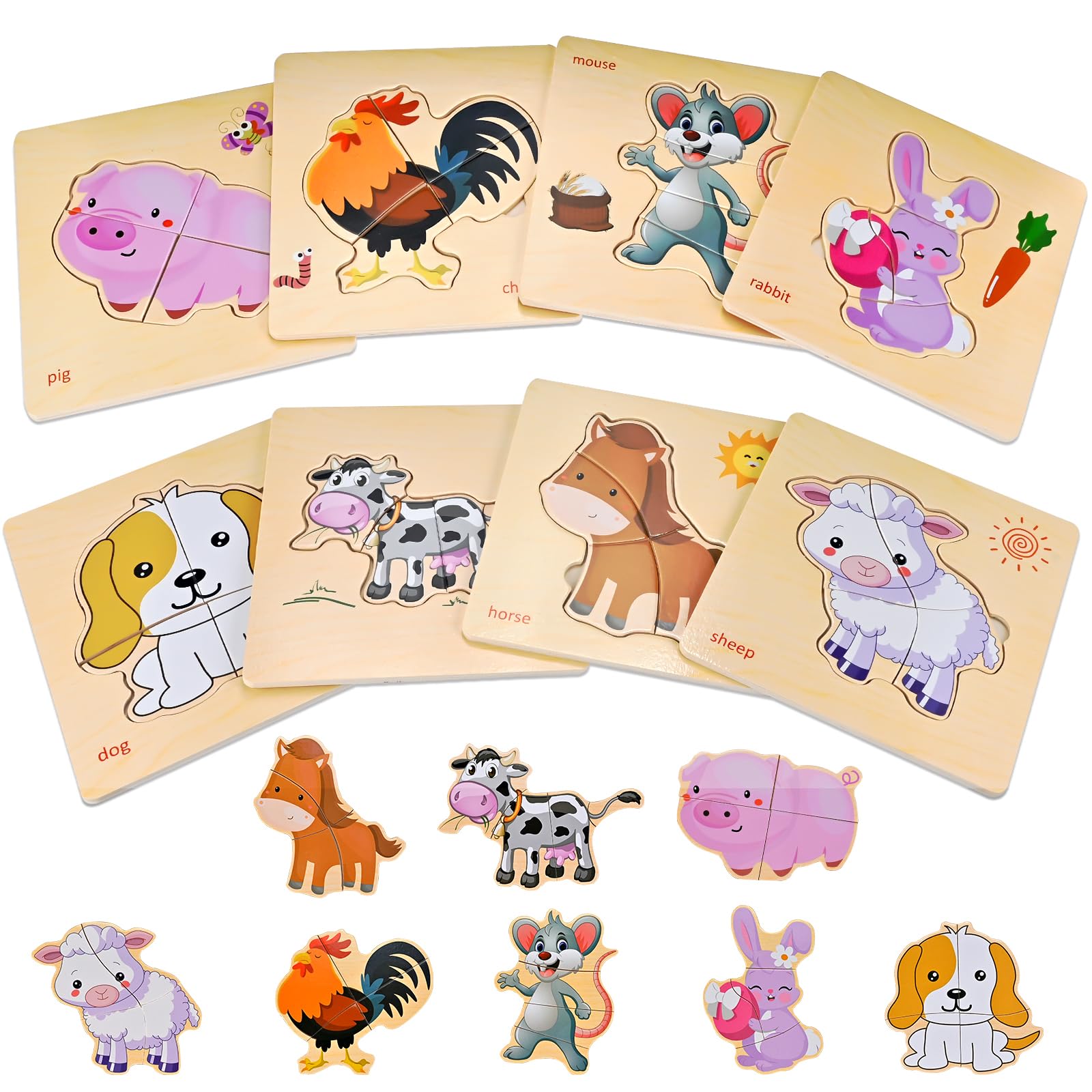 8pcs Wooden Puzzles for Toddlers 1-2-3-4, Farm Puzzles Ages 1-2-3-4
