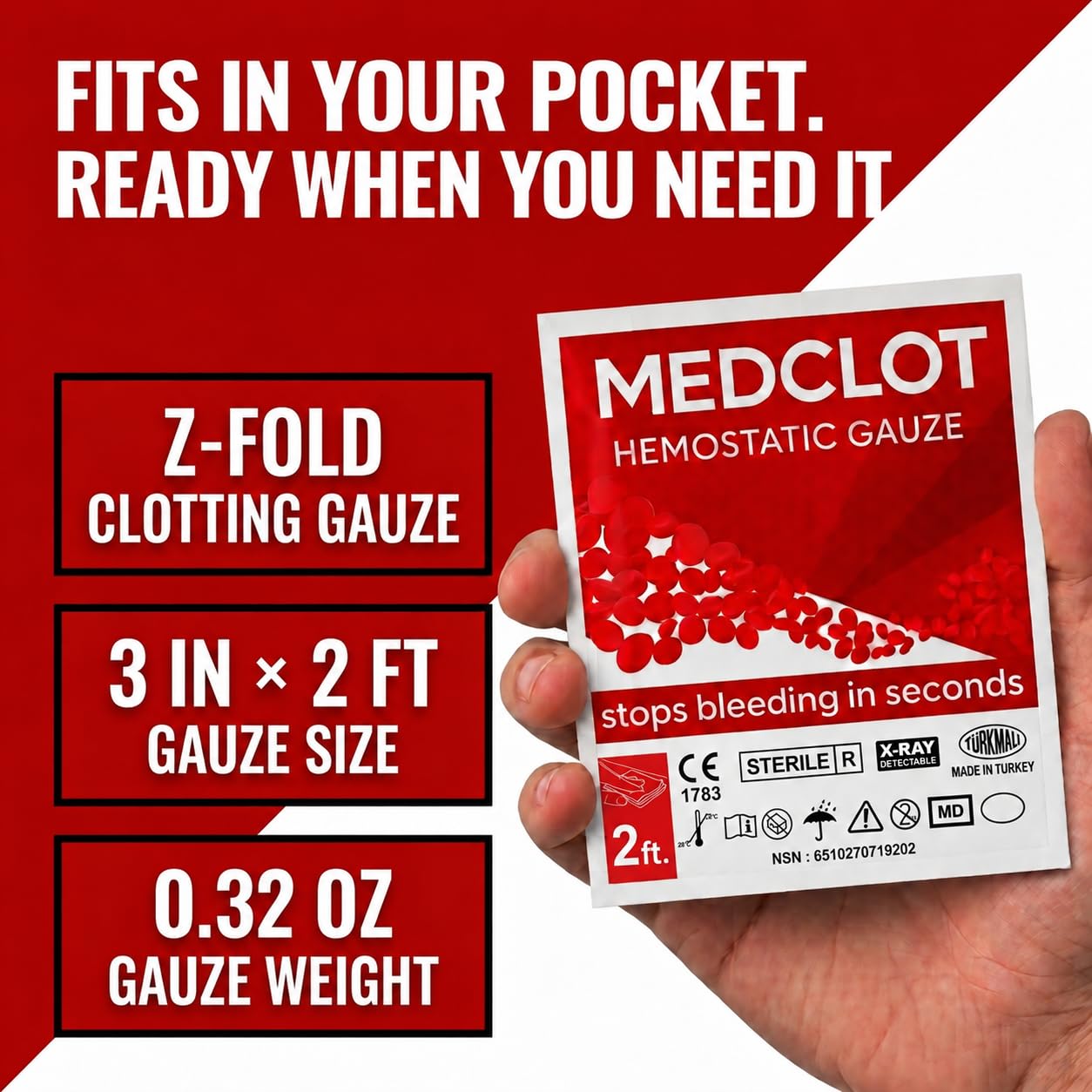 Hemostatic Gauze Bleed Stop Kaolin Blood Clotting Bandage 3inx2ft — Amazon image 3