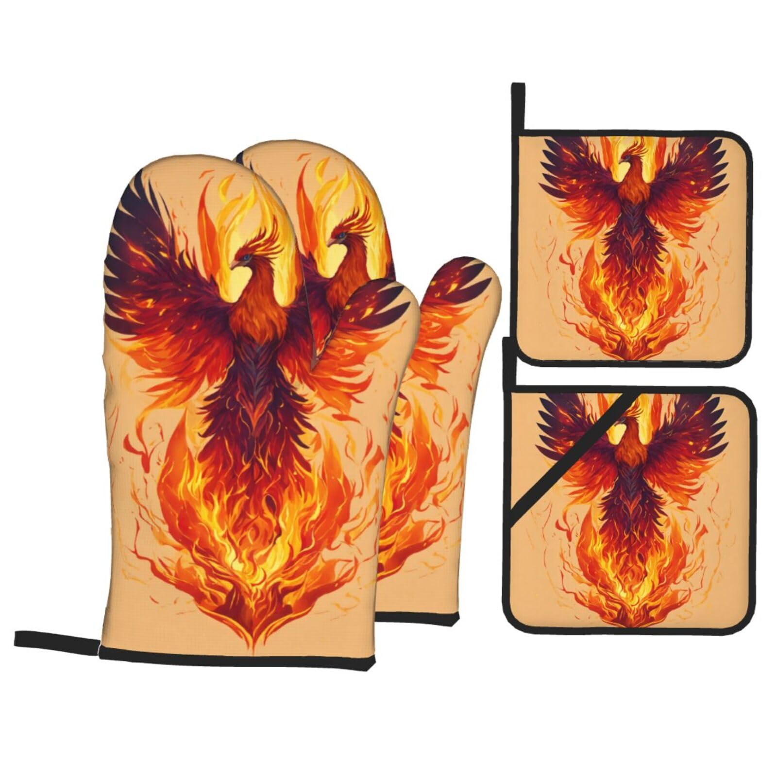 Phoenix Print Kitchen Oven Mitts And Pot Holders Set,Hanging Loop Design For Cooking Baking Bbq