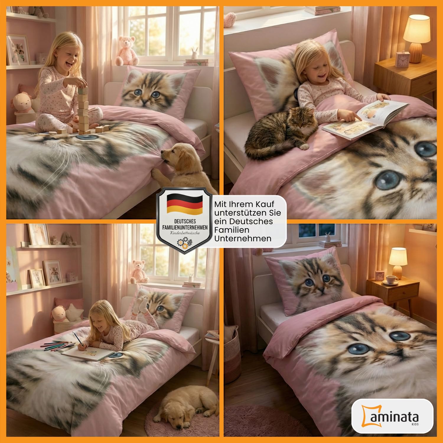Aminata kids Katzen Bettwäsche 135x200 cm Biber Kinderbettwäsche Katzenmotiv Mädchen warm weich Winterbettwäsche 100% Baumwolle rosa