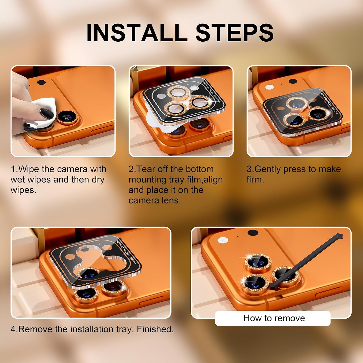 Misea Compatible for iPhone 17 Pro/iPhone 17 Pro Max Camera Lens Protector Bling, 9H Tempered Glass Camera Cover Screen Protector Metal Individual Ring Decoration Accessories, Orange Glitter