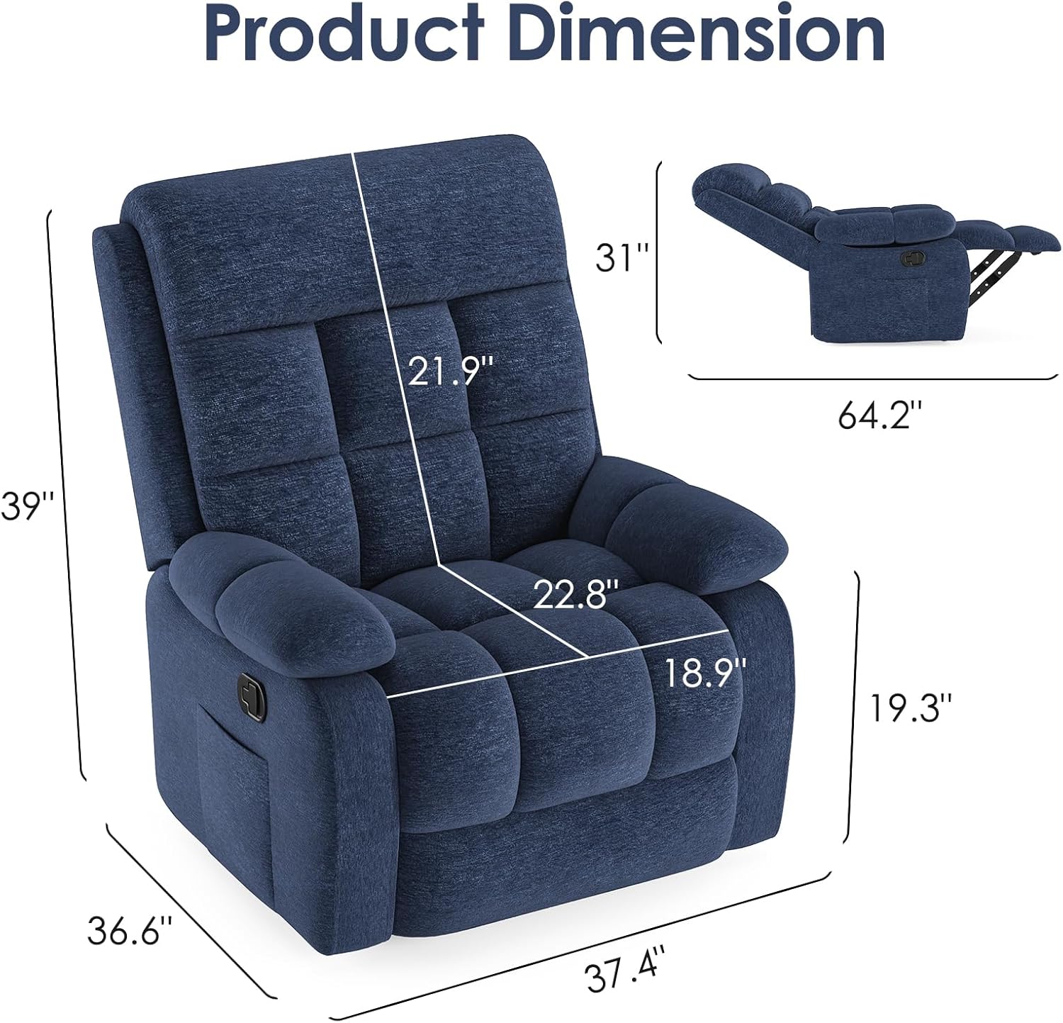 Recliner Chair, Upholstered Rocker Recliner Chair with Side Pocket, Ergonomic 110°-160° Adjustable Reclining Chairs for Adults, Single Sofa Chair with Footrest,Recliner Sofa for Living Room