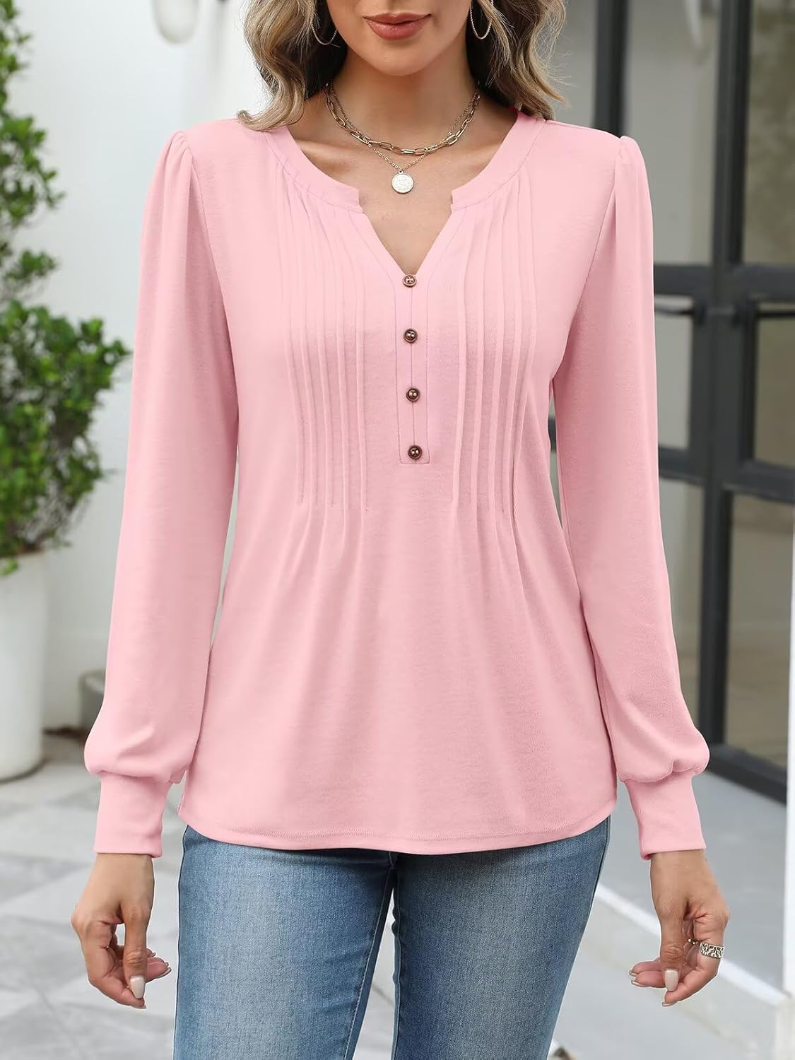 Women's Puff Long Sleeve Tops Pleated V Neck T Shirts Henley Button Tunic Blouses - Image 2