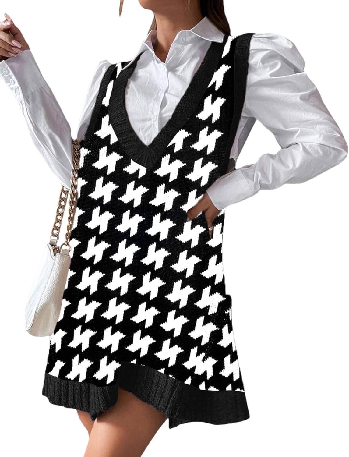 Zeagoo Womens Sweater Vest Dress Pattern Knitted Pullovers Sweaters V Neck Tank Sweater Dress with Pockets