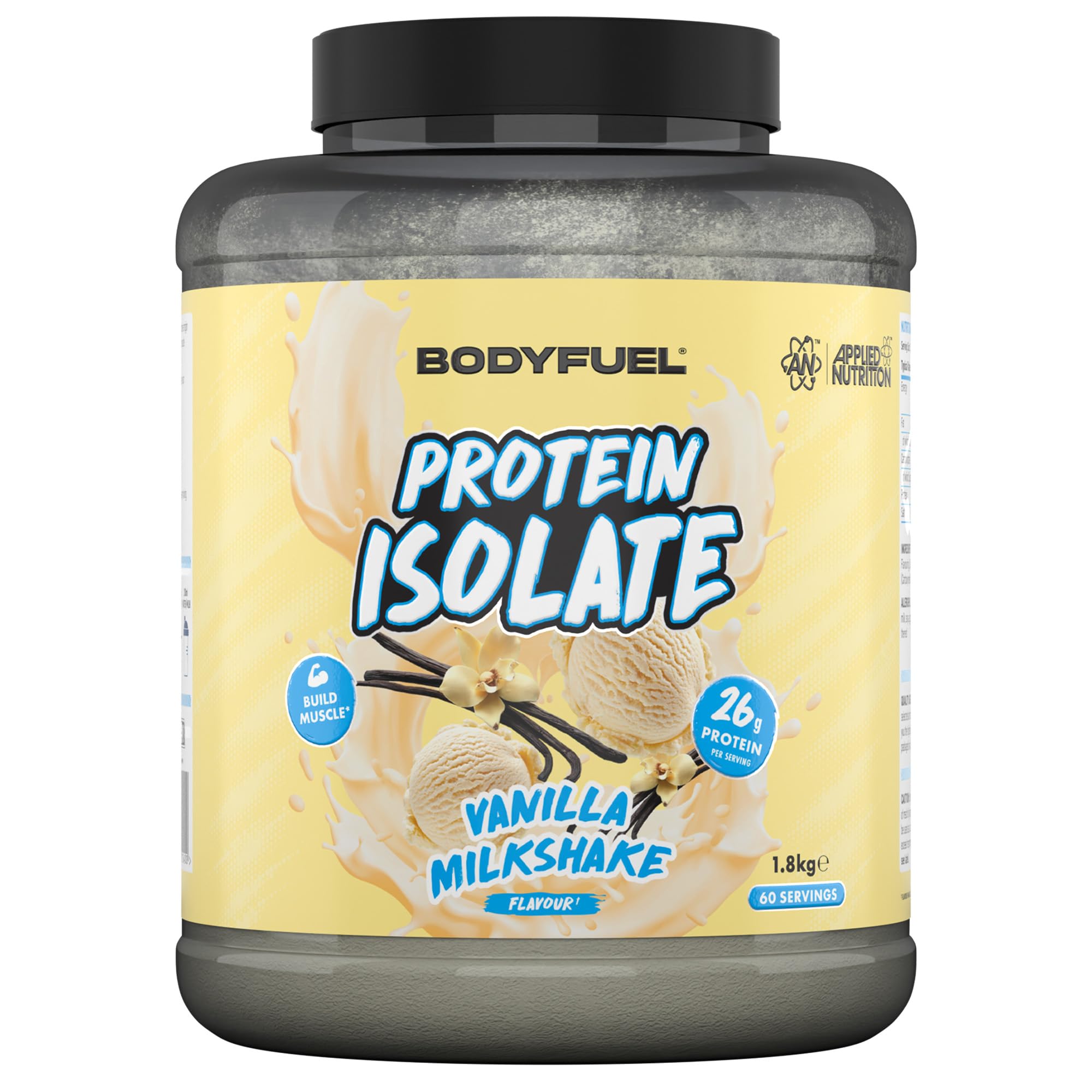 Applied Nutrition BodyFuel Protein Isolate Powder – 26g Protein, Whey & Milk Protein Isolate for Muscle Growth & Recovery, Low Sugar Easy Mix Protein Shake (1.8kg – 60 Servings) (Vanilla Milkshake)