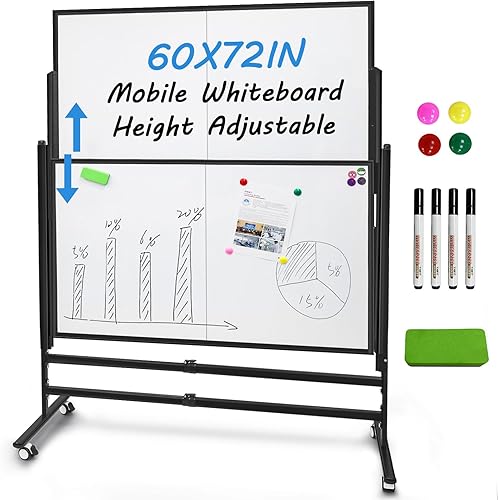 Pizarra blanca grande de borrado en seco de 72 x 60 pulgadas | Caballete de pie ajustable en altura con ruedas | Tablero magnético de doble cara