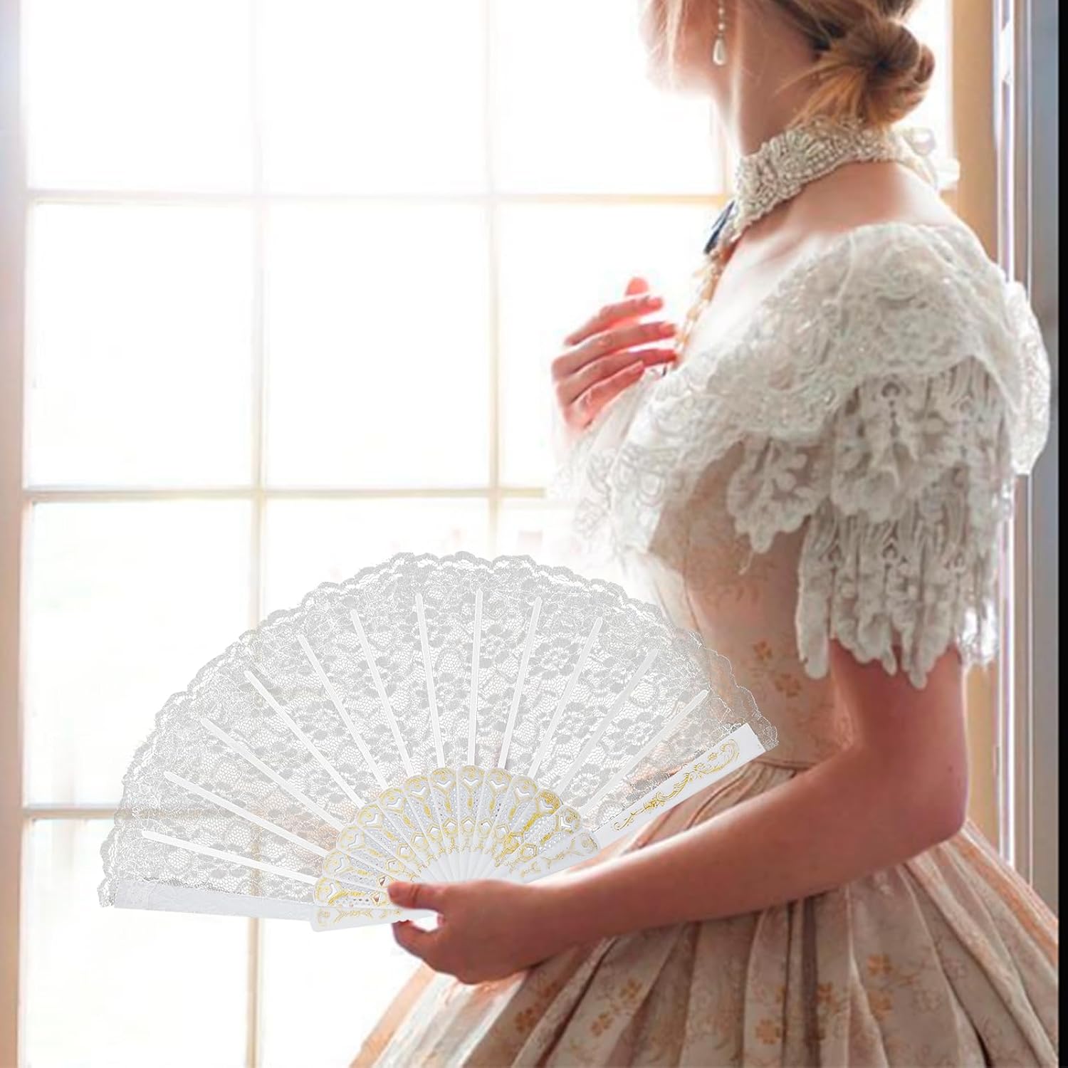 2Pcs Lace Folding Fan Handheld Bamboo Hand Fans with White Lotus Jade Tassel for Women Wedding Party Favor Costume Dancing Party - (Black, White)