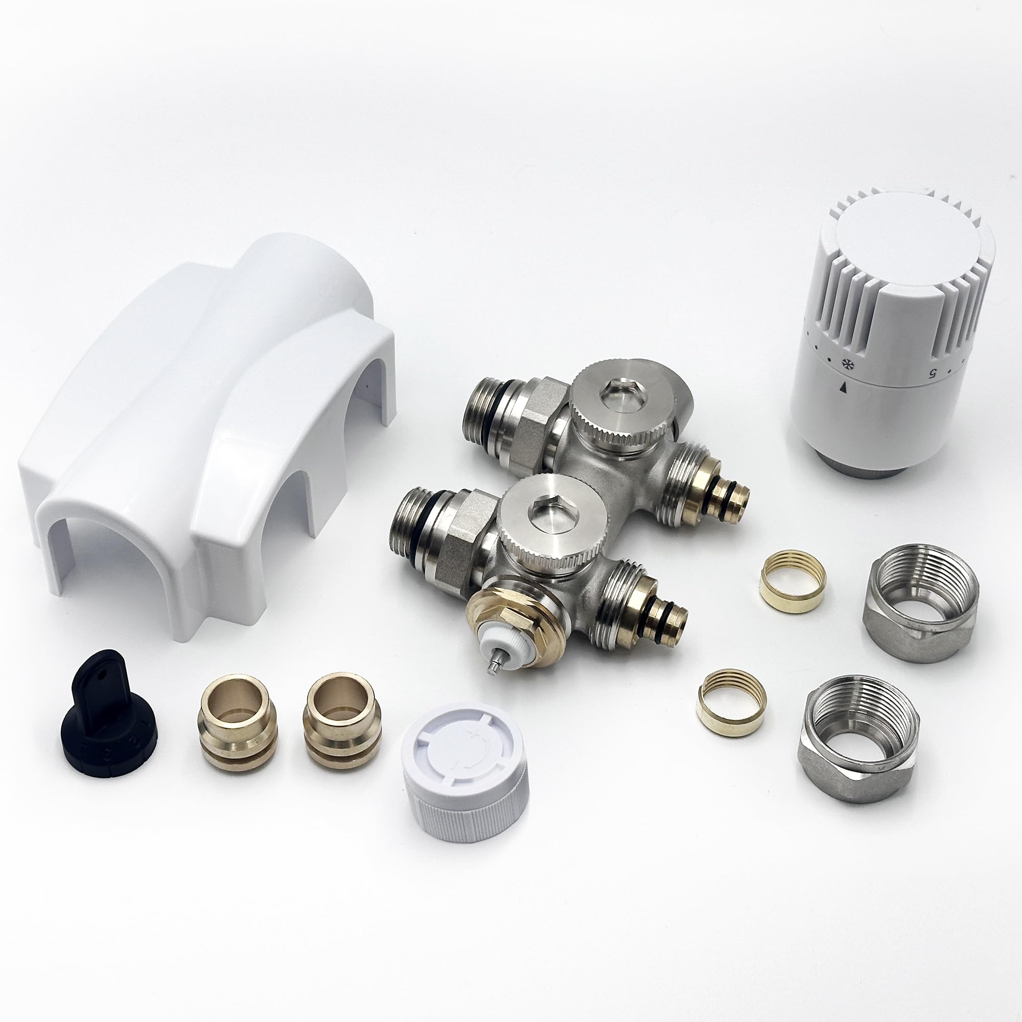 Multiblock Set für Heizkörper Anschlussarmatur mit Thermostat – Thermostatventil Hahnblock mit Frostschutz – für Eck/Durchgangsform – 50mm Mittelanschluss G1/2" – inkl. PEX Ø16 & Kupfer Ø15