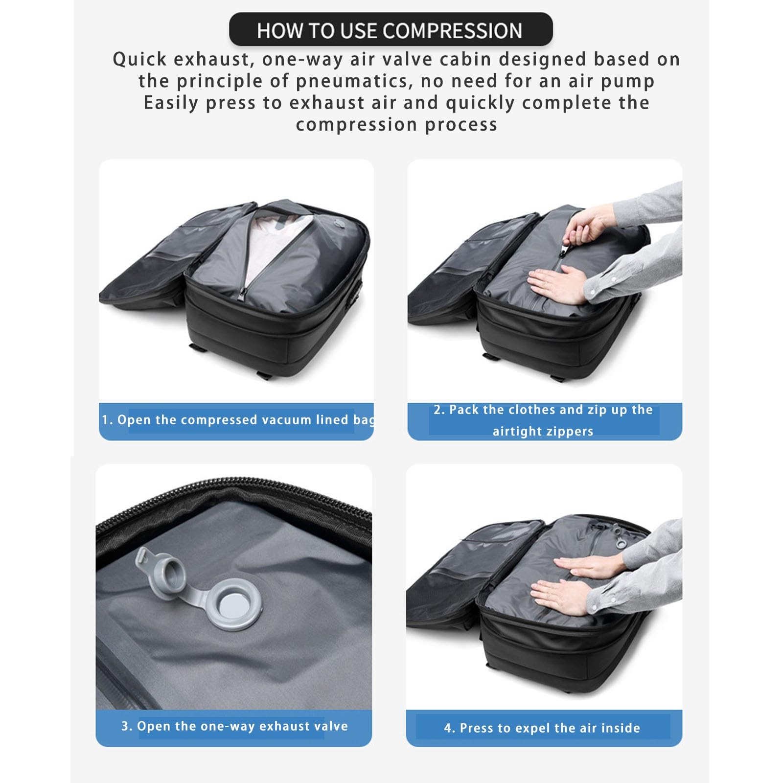 Sac à Dos Extensible 60 L avec Compression Sous Vide, Résistant à L'eau, Antivol, Sac à Dos de Voyage sous Vide Vacpack de Seymal (Noir, 19.3 * 12.6 * 5.9 inches)