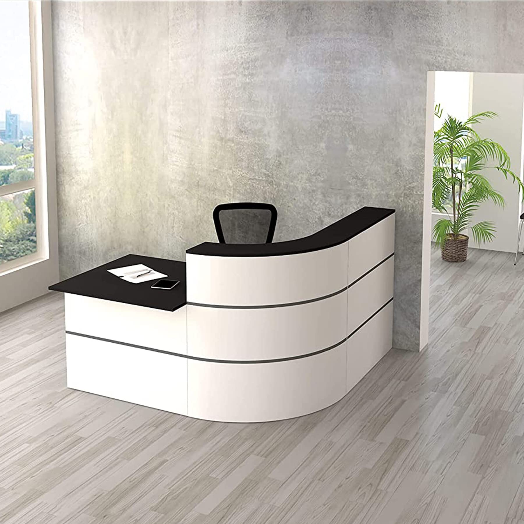 Schrank & Stuhl Empfangstresen | Winkeltheke Flair 4 mit Beratungsplatz | 110 x 180 x 195 cm (HxBxT)