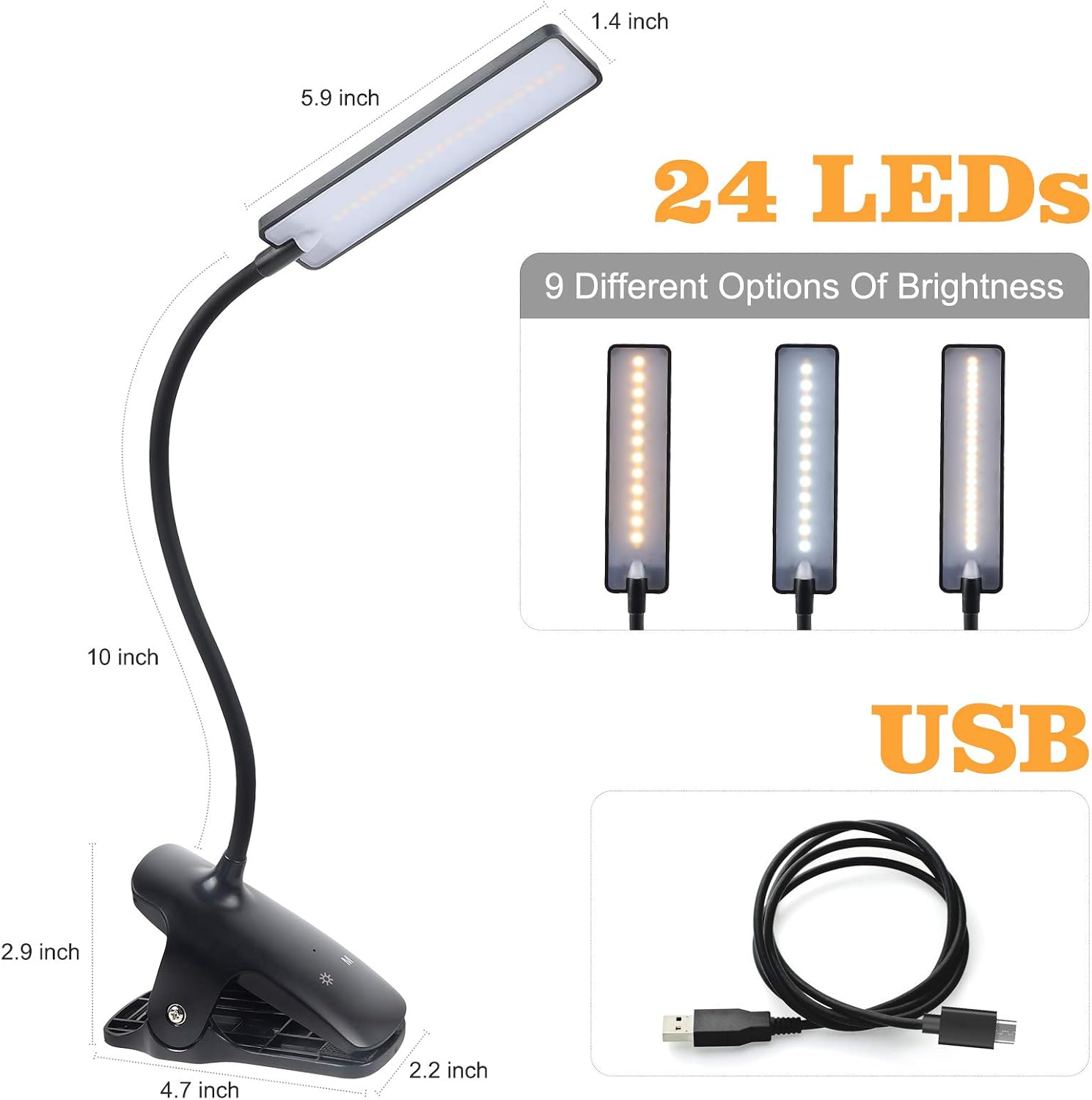 deaunbr LED Reading Light with Clip USB Rechargeable Book Lights, 24 LEDs Flexible Neck Night Bed Lamp, Touch Control Portable Clamp Desk Lamps for Bed Headboard, Computers -Black
