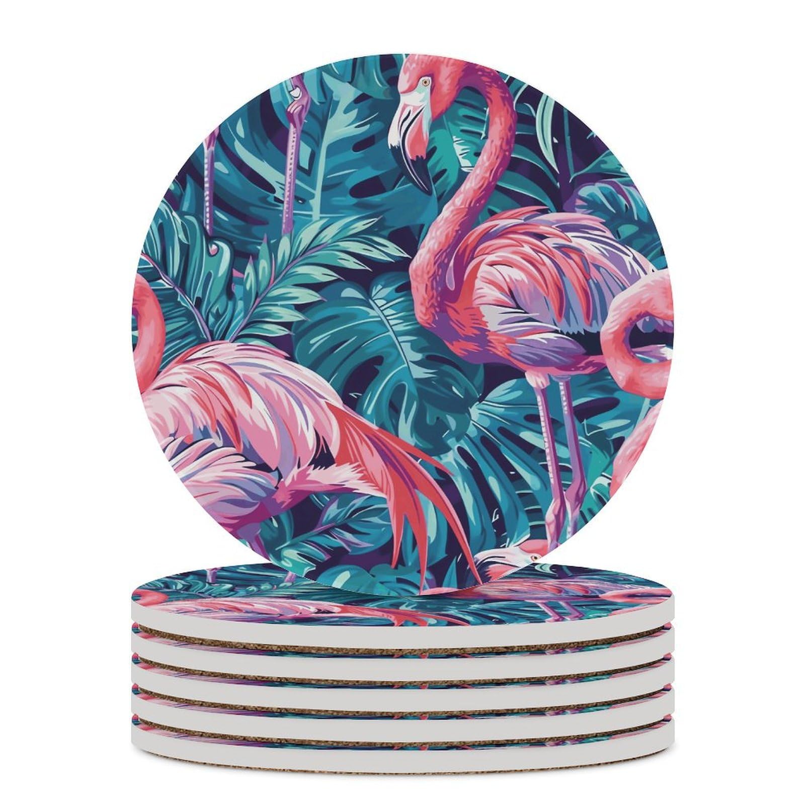 6 Dessous de verre en céramique et liège motif flamant rose