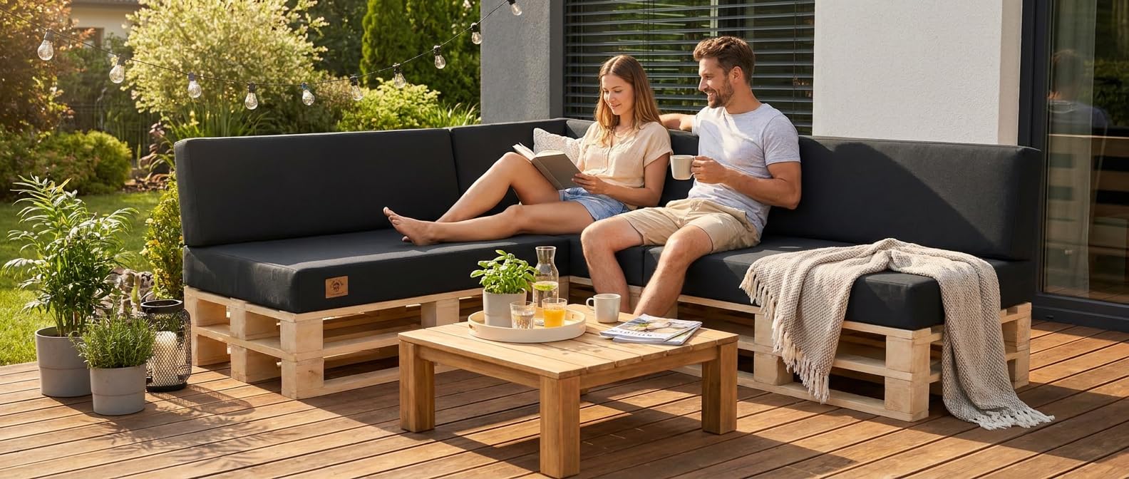 Palettenkissen 7-teiliges Set für Ecksofa | Palettensofa mit abnehmbarem Bezug | Kaltschaum Palettenauflage | Sitzkissen Rückenlehne für Europaletten 120 x 80 | UV-beständig | Waschbar (Dunkelgrau)
