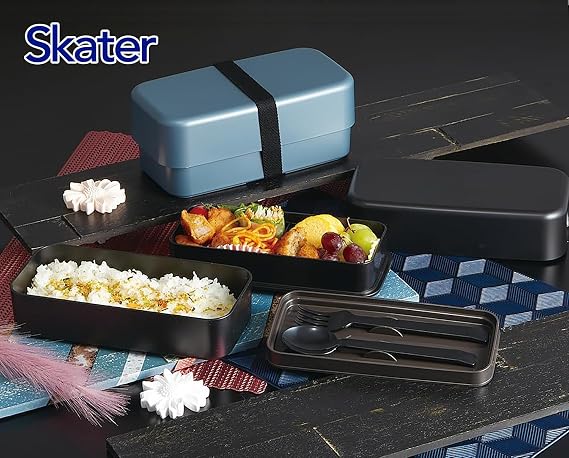 Skater PLB10WSB Biomass Bento Box with Cutlery, 2-Tier, Large Capacity, 33.8 fl oz (1,000 ml), Nesting, Lunch Belt, Dishwasher Safe, Microwave Safe, Made in Japan, Ash Blue