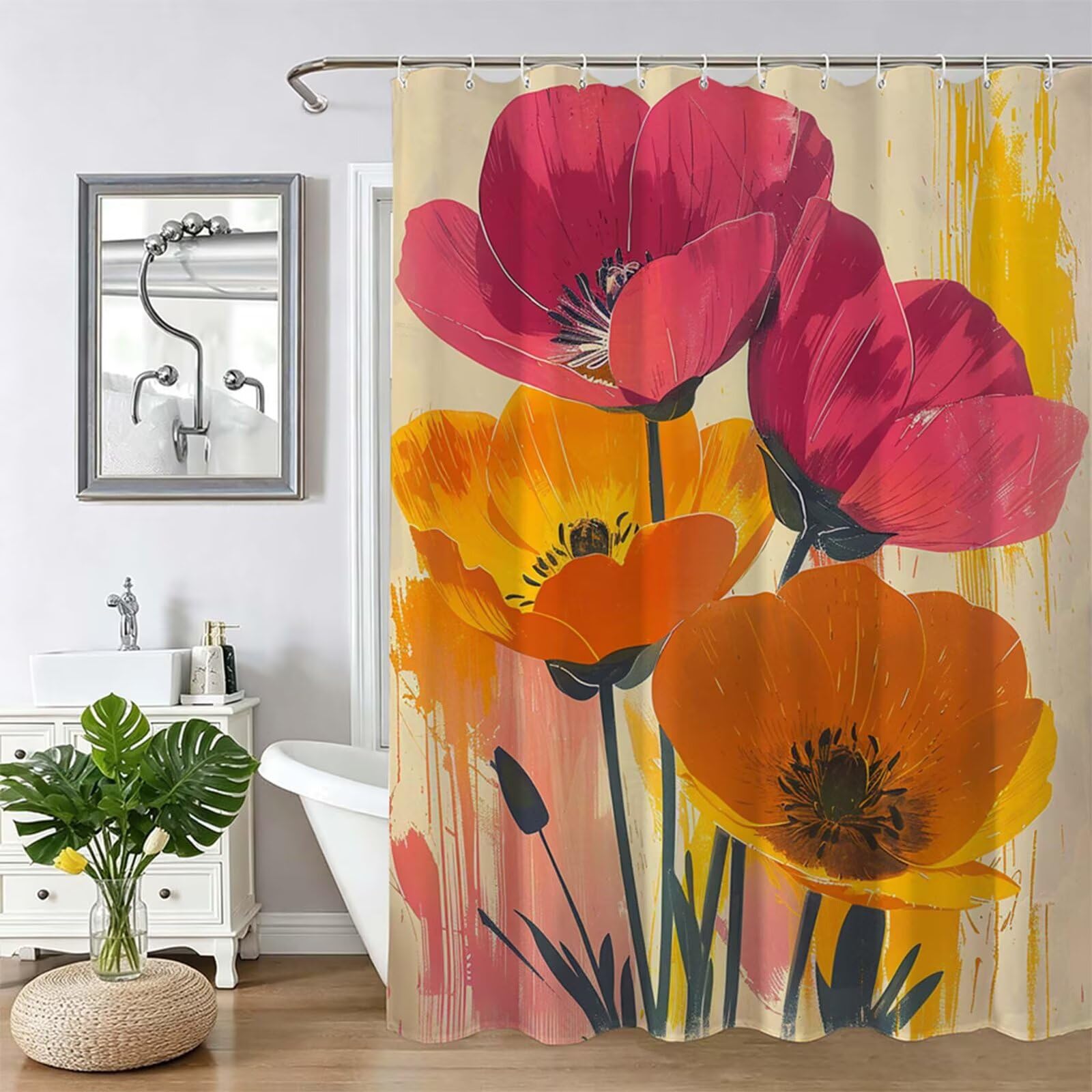 Tenda Doccia in Poliestere rosso, Tende per Doccia Extra Lunga 180x240cm, fiore Tenda Vasca da Bagno Tessuto Lavabile, Impermeabile e Facile da Pulire, con 12 Ganci, Decorazione per Bagno, Hotel Z-192