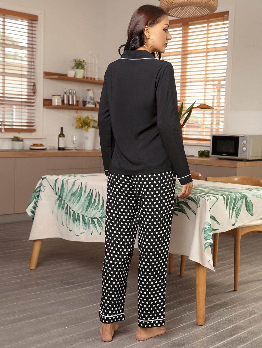 Ensembles De Pyjama Femme,Revers Noir À Pois Motif Polyester À Manches Longues Ensemble De Vêtements De Nuit Femmes Deux Pièces Pyjama Doux Classique Décontracté Loungewear Cadeau pour Femme P