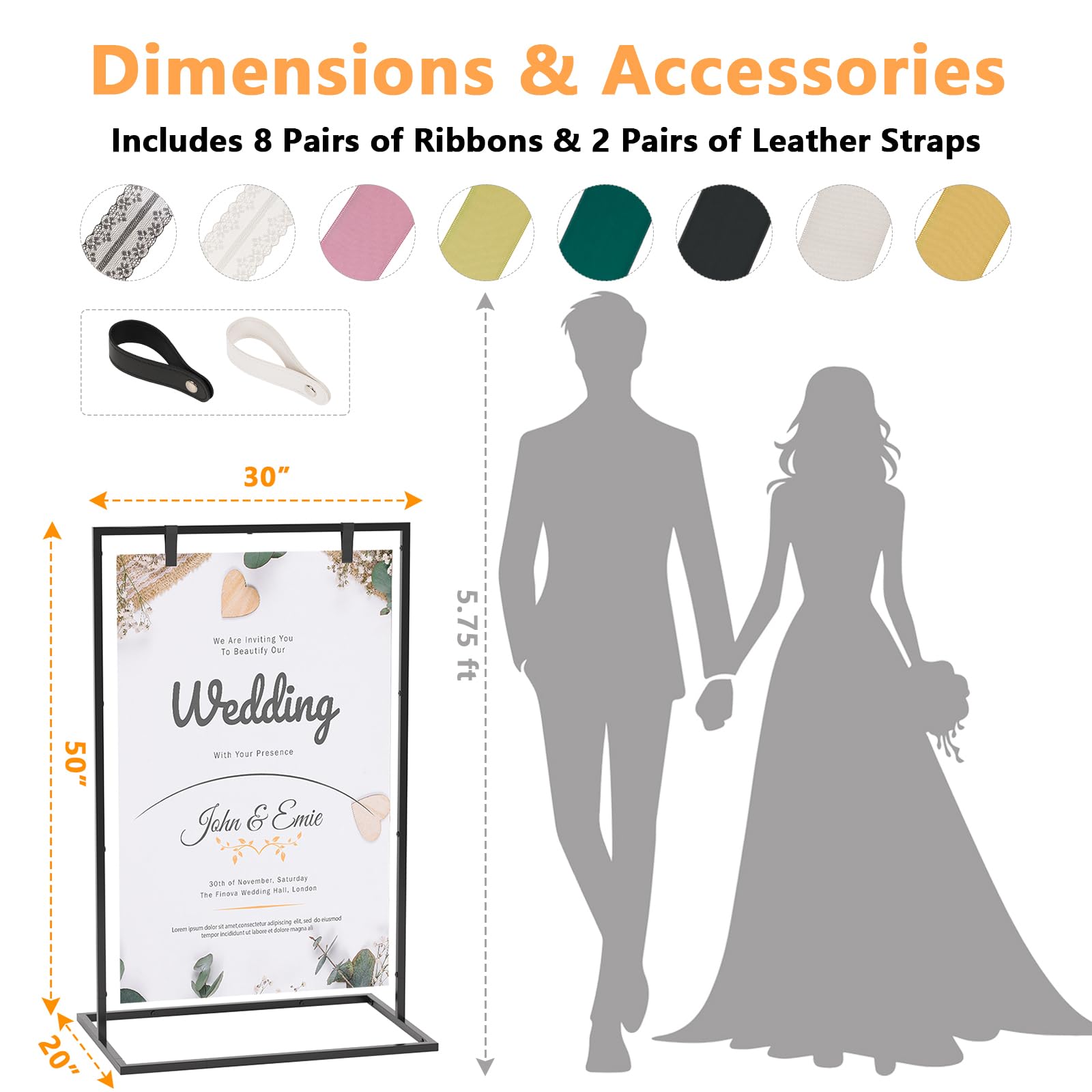 Hochzeitsschilderständer, 127 x 76,2 x 50,8 cm, robuster Staffelei-Ständer für Schilder mit 8 Paar Satinband, Aufschrift "Welcome to Our Wedding Sign Hold", Metall, Standstaffeleien für