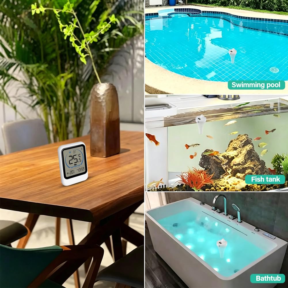 Thermomètre Piscine, Thermomètre de Piscine Flottant sans Fil Radio avec Moniteur, Étanchéité IP68 – Pour Baignoires, Aquariums, Piscines et Bassins