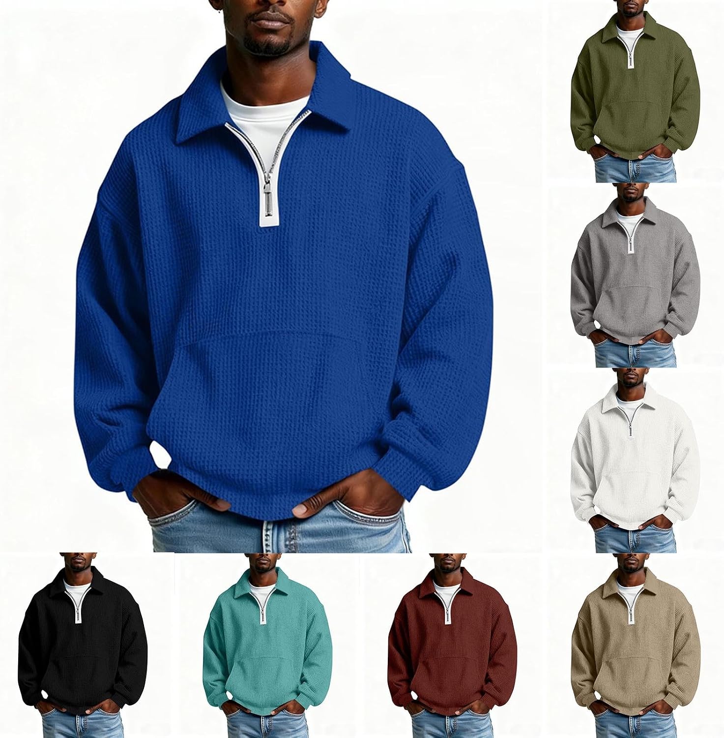 Cambkatl Quarter Zip Waffle Sweatshirt for Men Stylish Loose V Neck Long Sleeve Lightweight Business Casual Pullovers